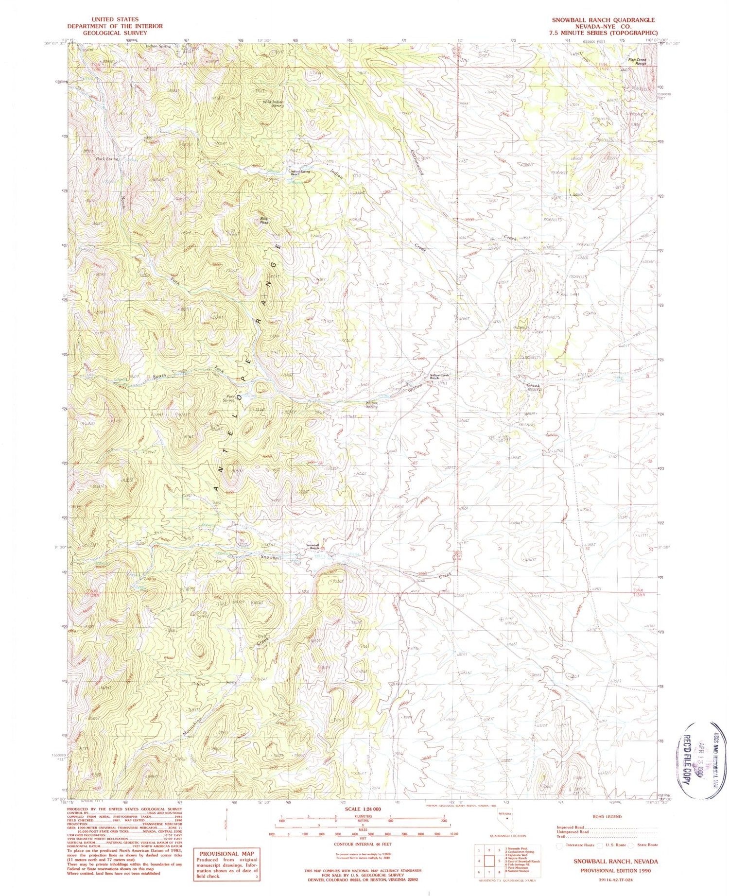 Classic USGS Snowball Ranch Nevada 7.5'x7.5' Topo Map Image