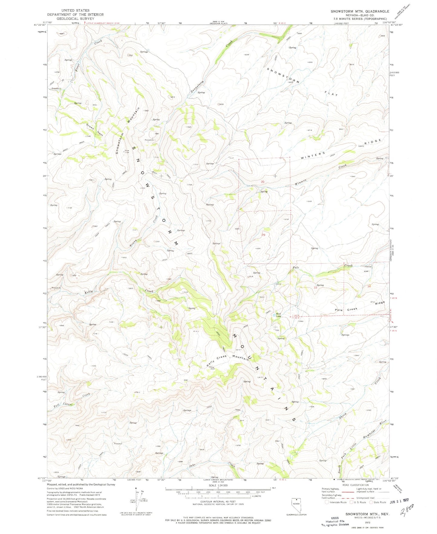 Classic USGS Snowstorm Mountain Nevada 7.5'x7.5' Topo Map Image