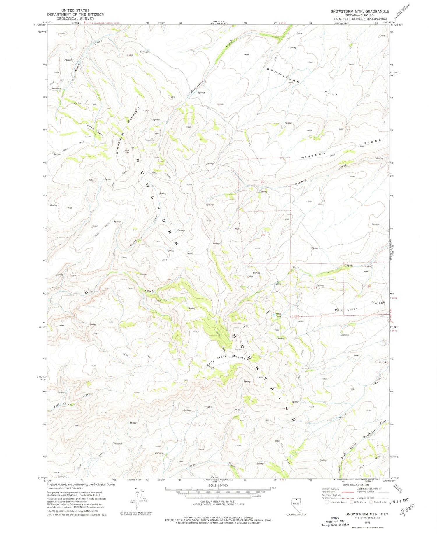 Classic USGS Snowstorm Mountain Nevada 7.5'x7.5' Topo Map Image