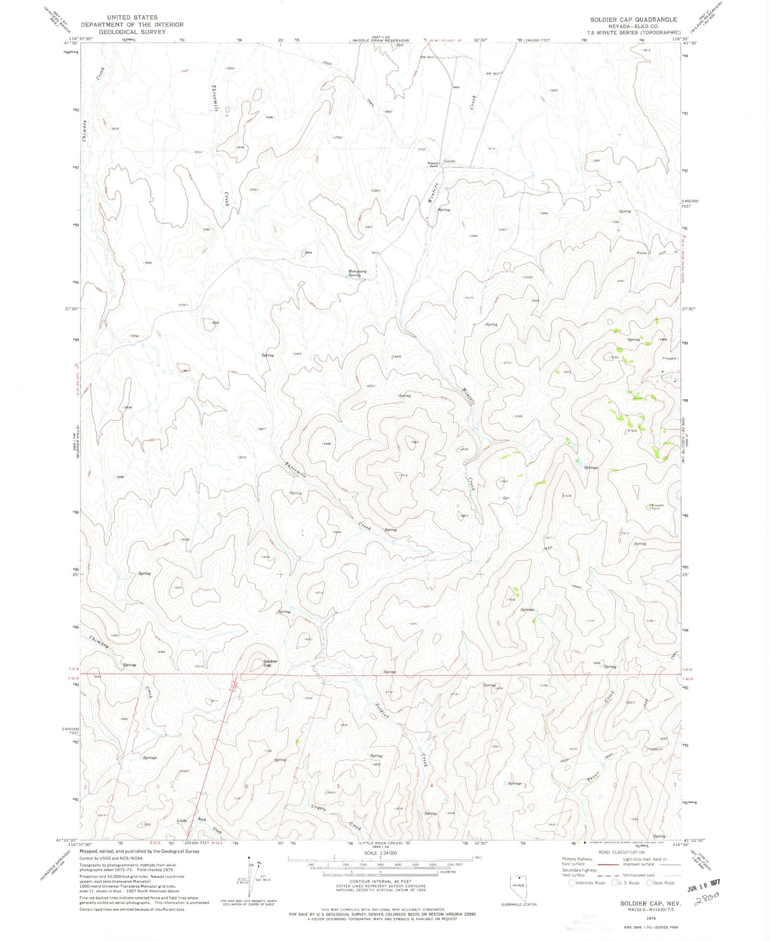 Classic USGS Soldier Cap Nevada 7.5'x7.5' Topo Map Image
