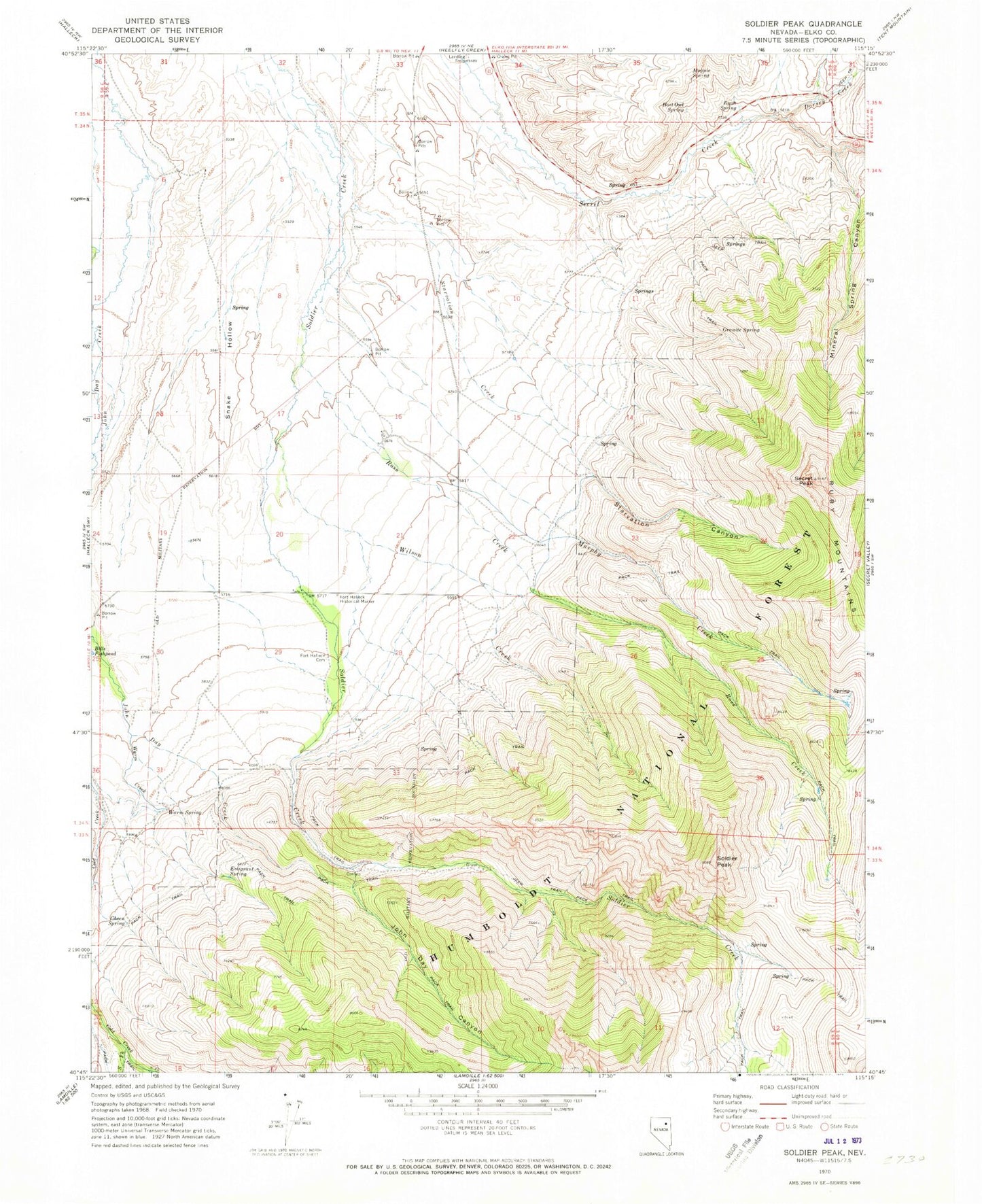 Classic USGS Soldier Peak Nevada 7.5'x7.5' Topo Map Image