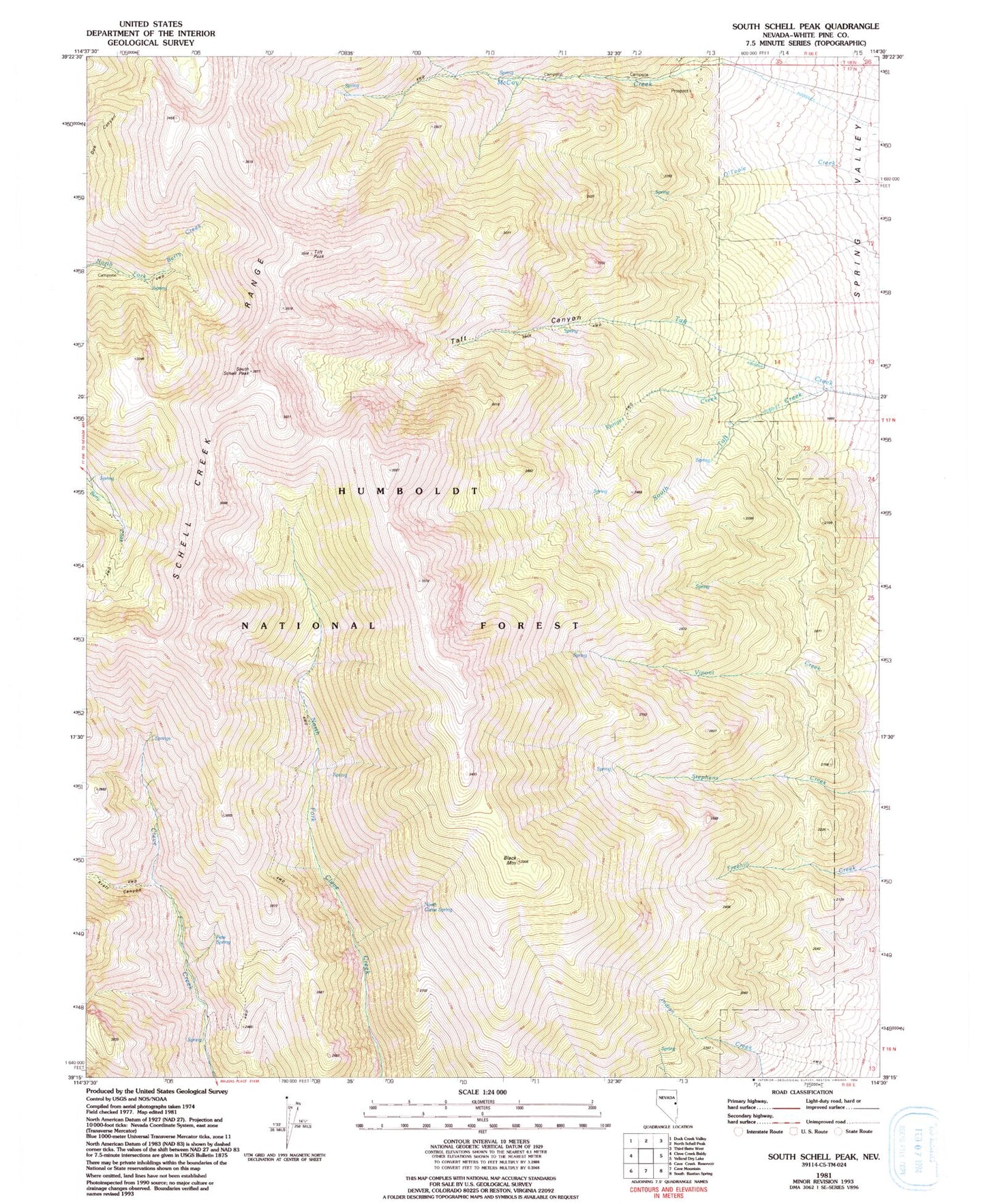 Classic USGS South Schell Peak Nevada 7.5'x7.5' Topo Map Image