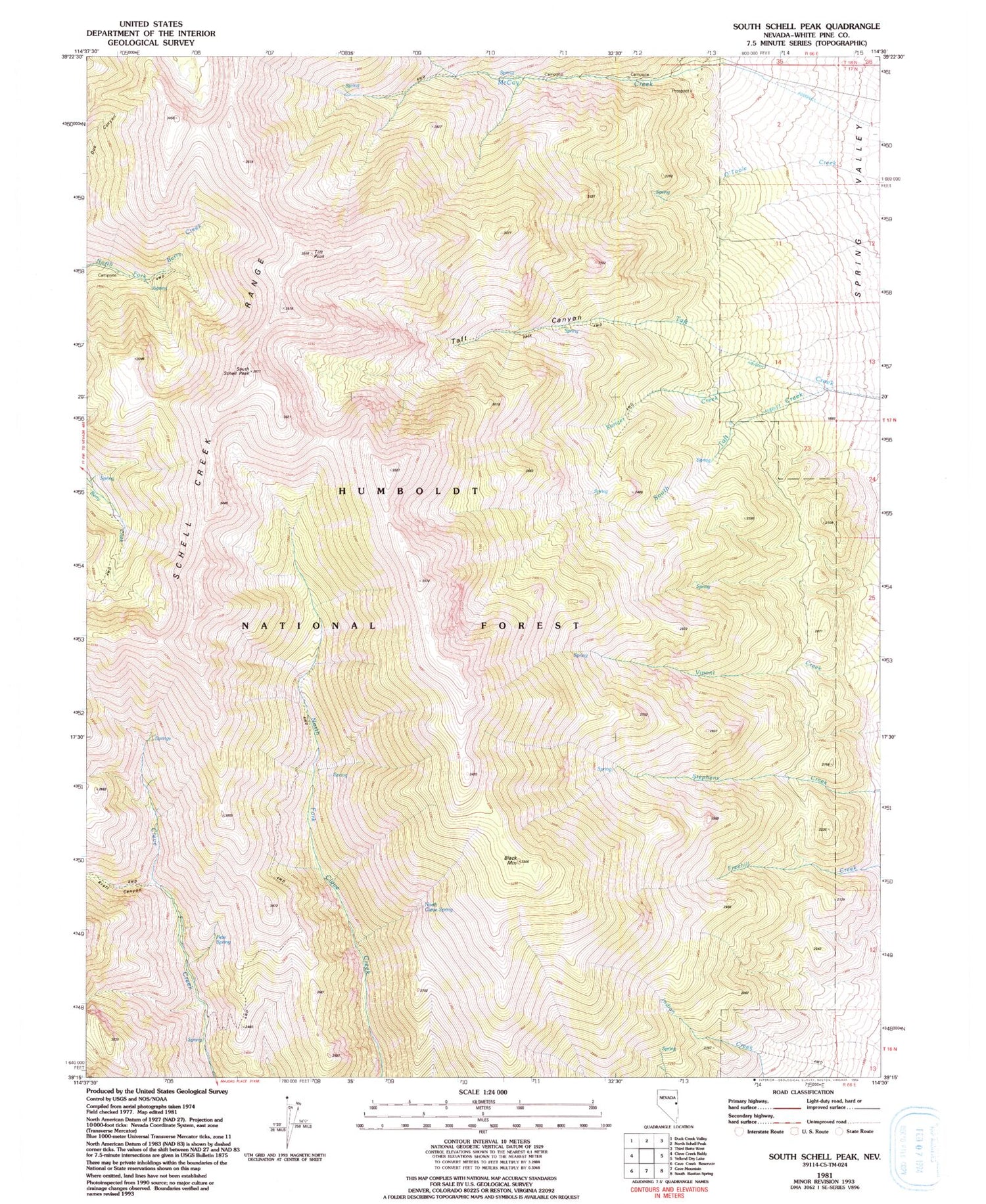 Classic USGS South Schell Peak Nevada 7.5'x7.5' Topo Map Image