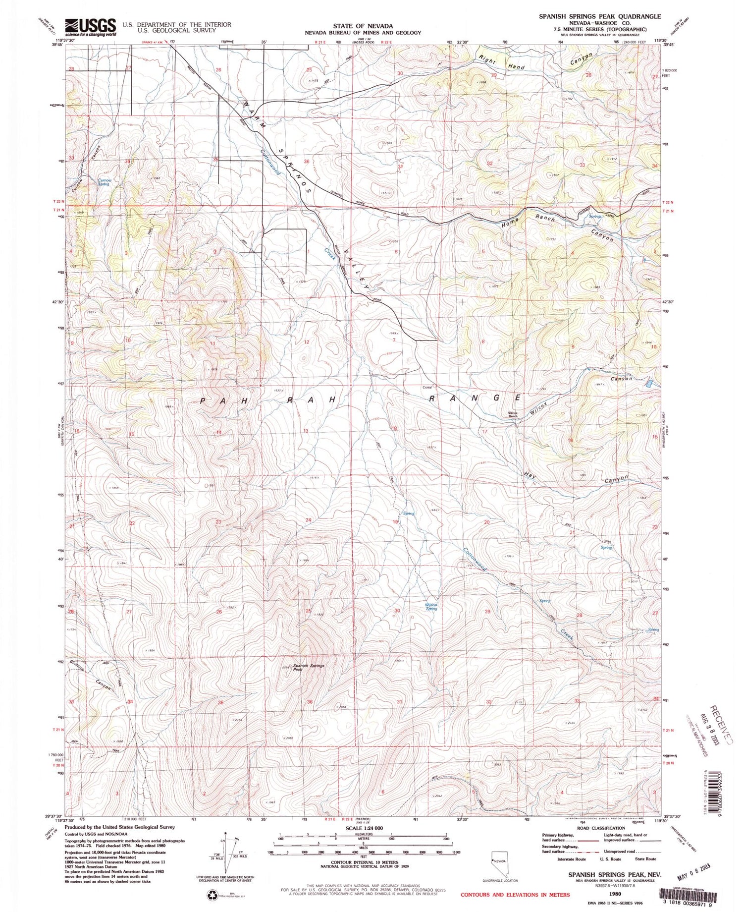 Classic USGS Spanish Springs Peak Nevada 7.5'x7.5' Topo Map Image