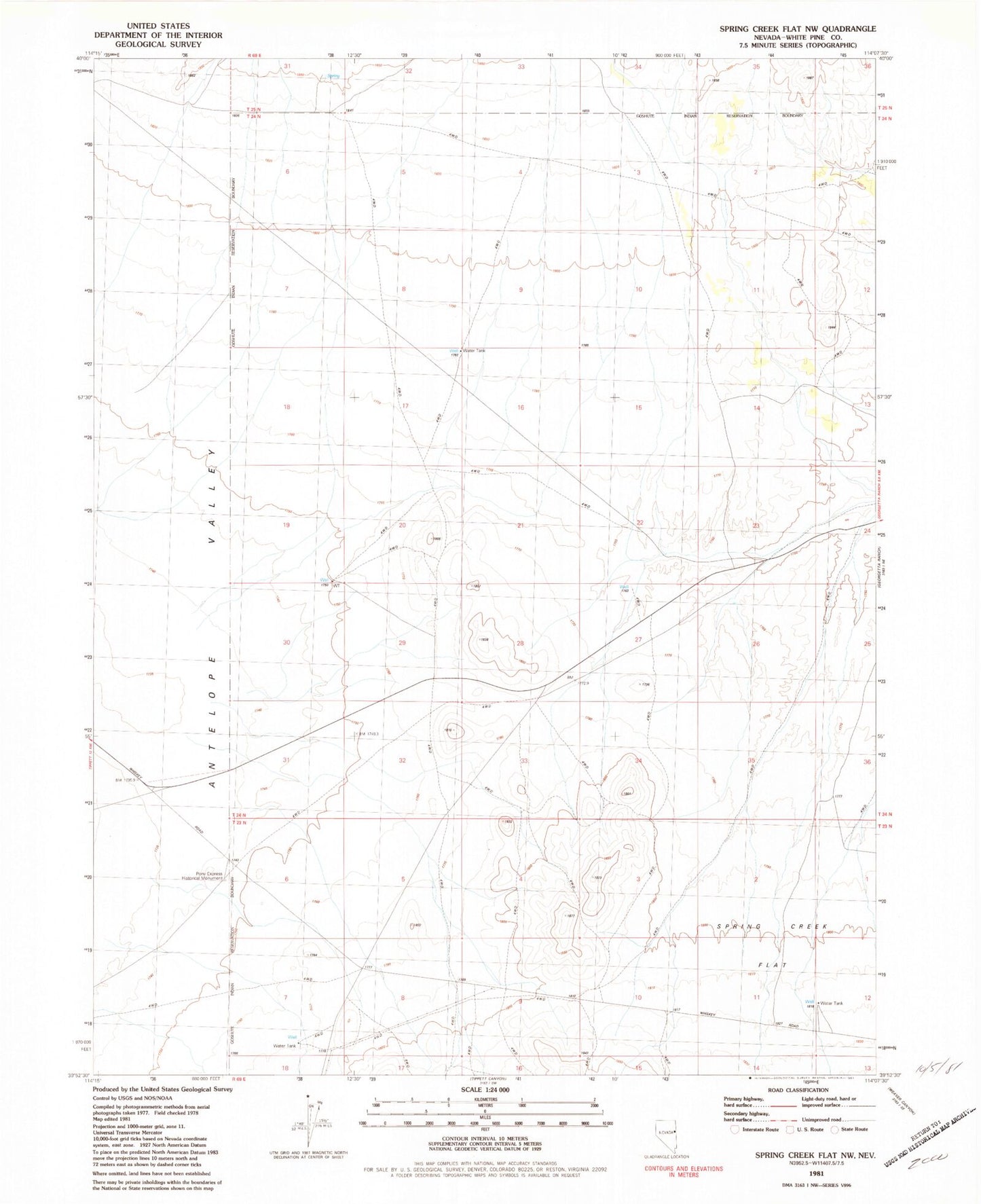Classic USGS Spring Creek Flat NW Nevada 7.5'x7.5' Topo Map Image