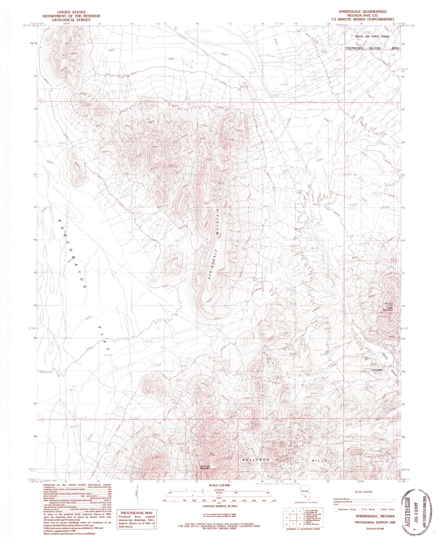 Classic USGS Springdale Nevada 7.5'x7.5' Topo Map Image