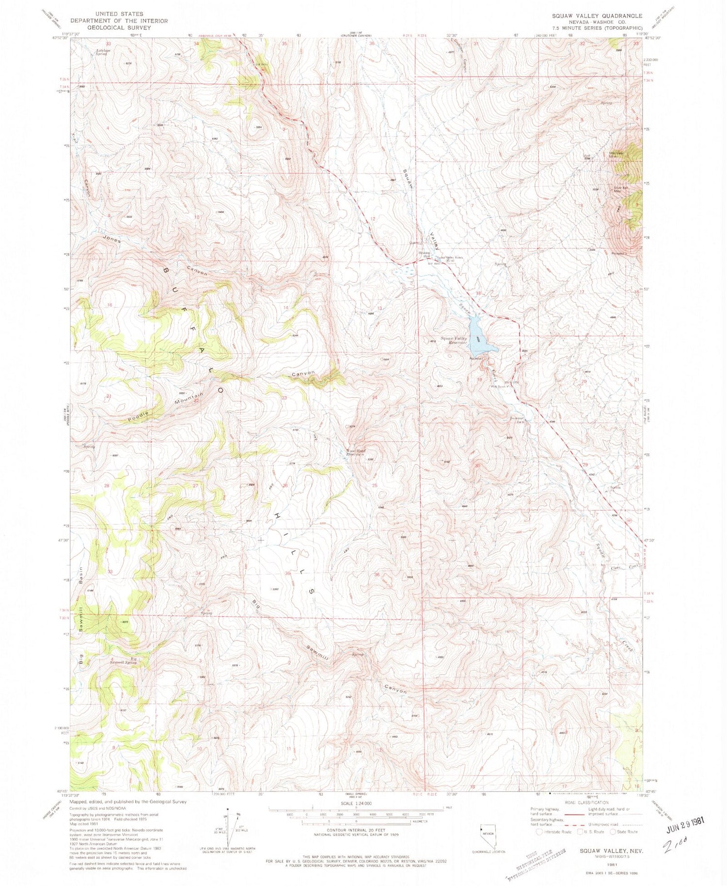 Classic USGS Squaw Valley Nevada 7.5'x7.5' Topo Map Image