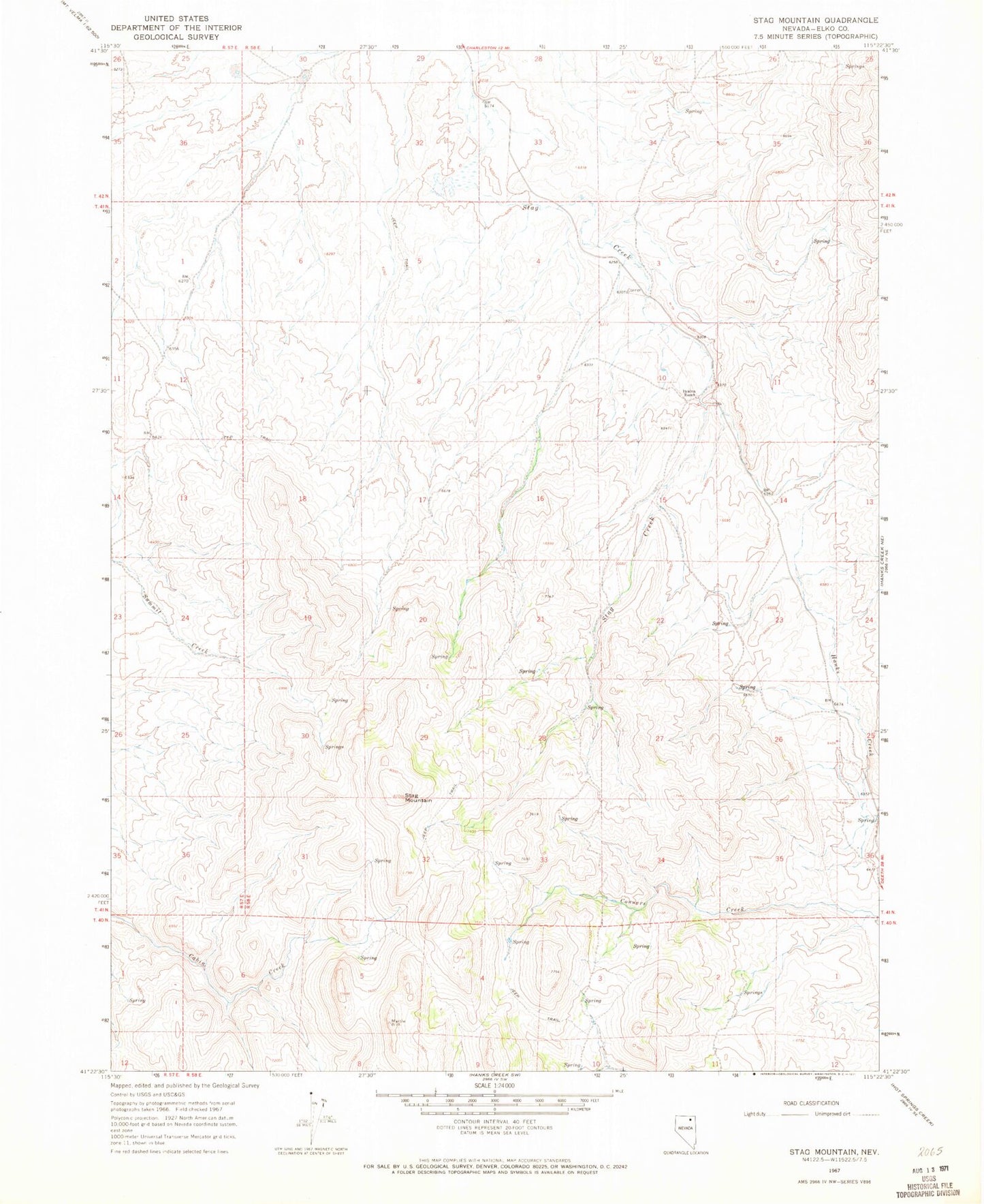 Classic USGS Stag Mountain Nevada 7.5'x7.5' Topo Map Image