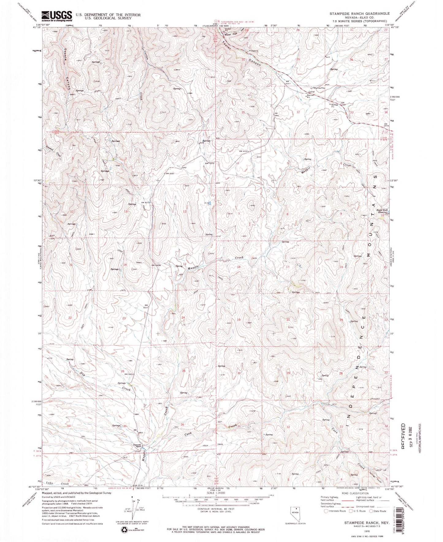 Classic USGS Stampede Ranch Nevada 7.5'x7.5' Topo Map Image