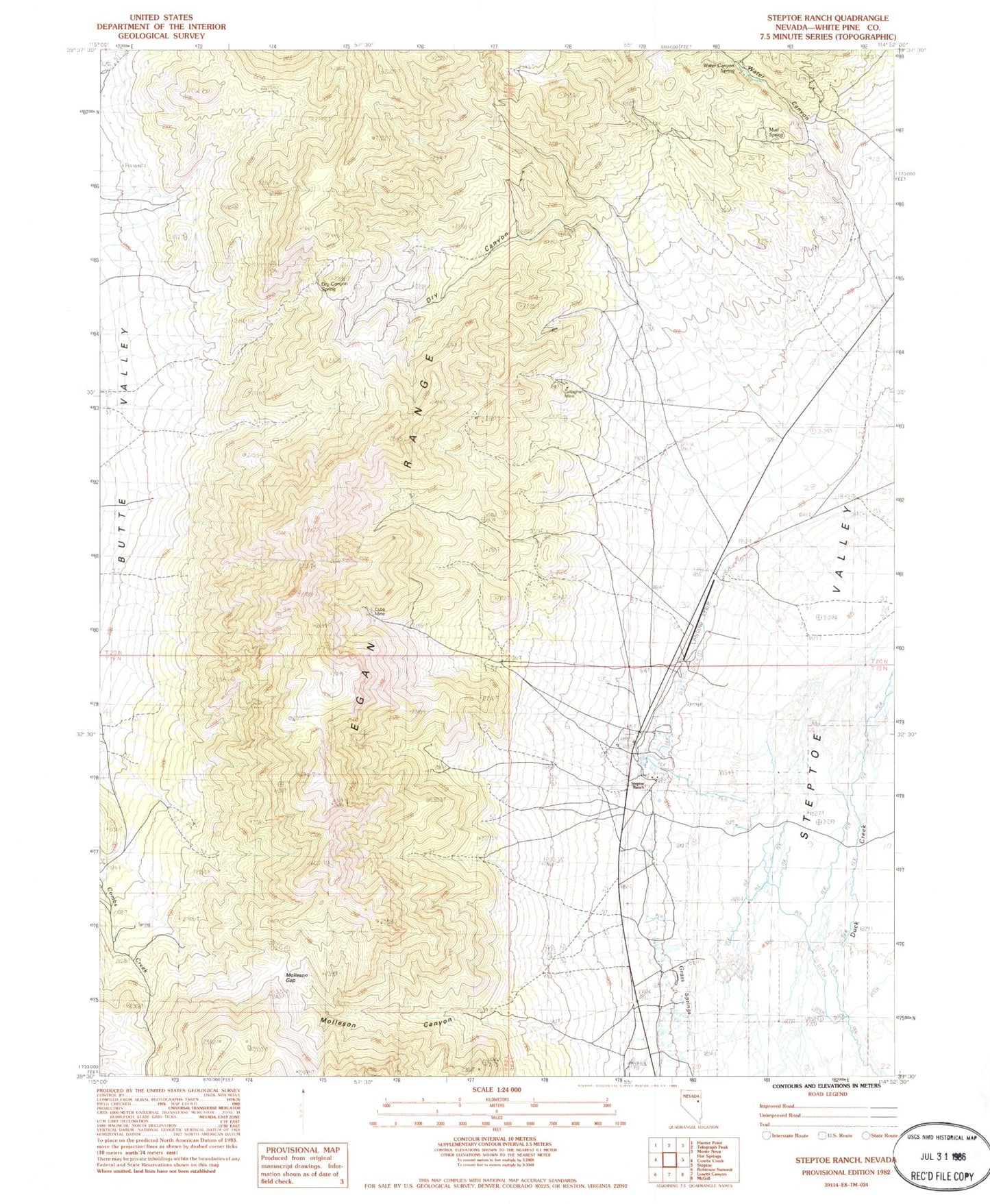 Classic USGS Steptoe Ranch Nevada 7.5'x7.5' Topo Map Image
