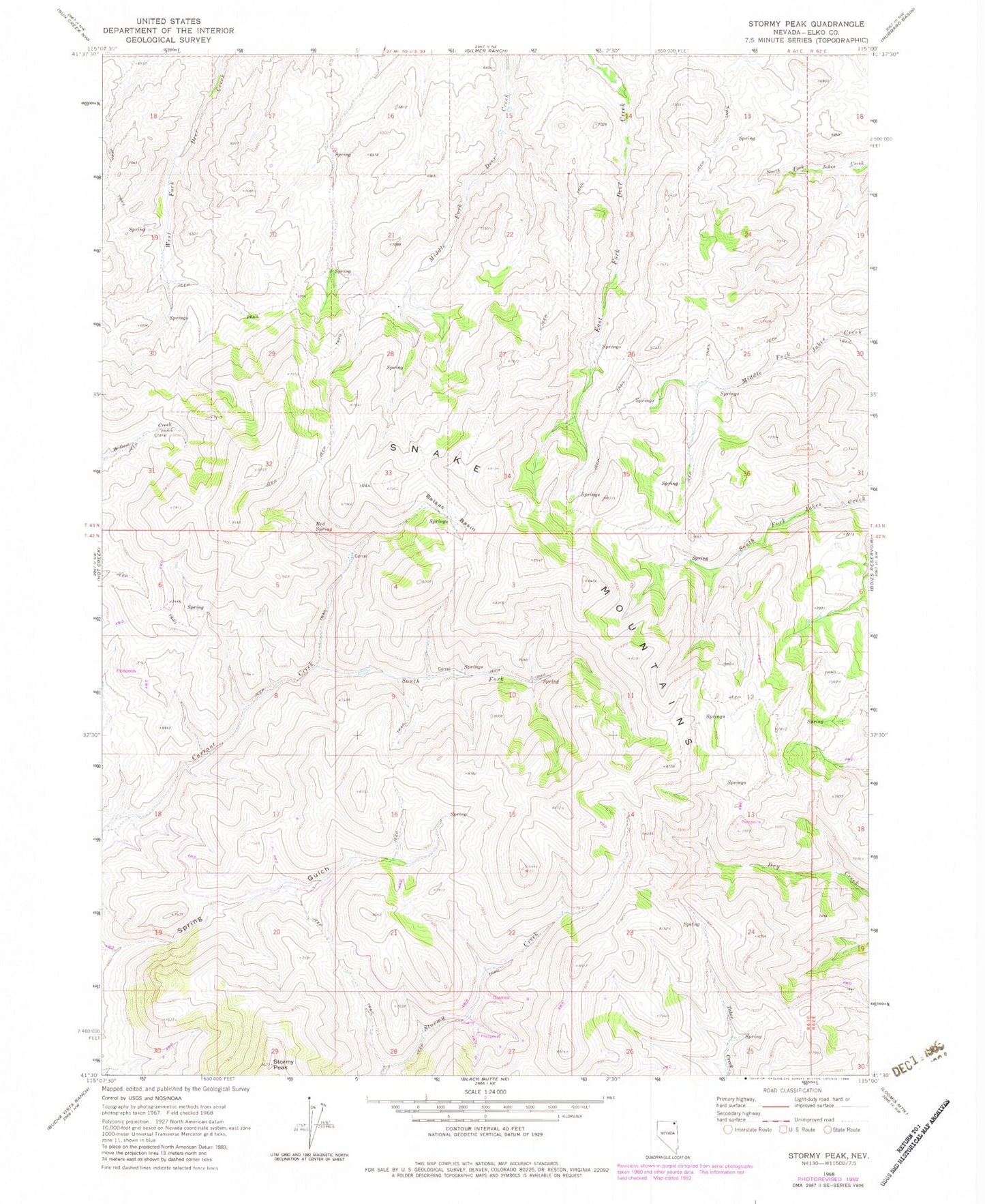 Classic USGS Stormy Peak Nevada 7.5'x7.5' Topo Map Image