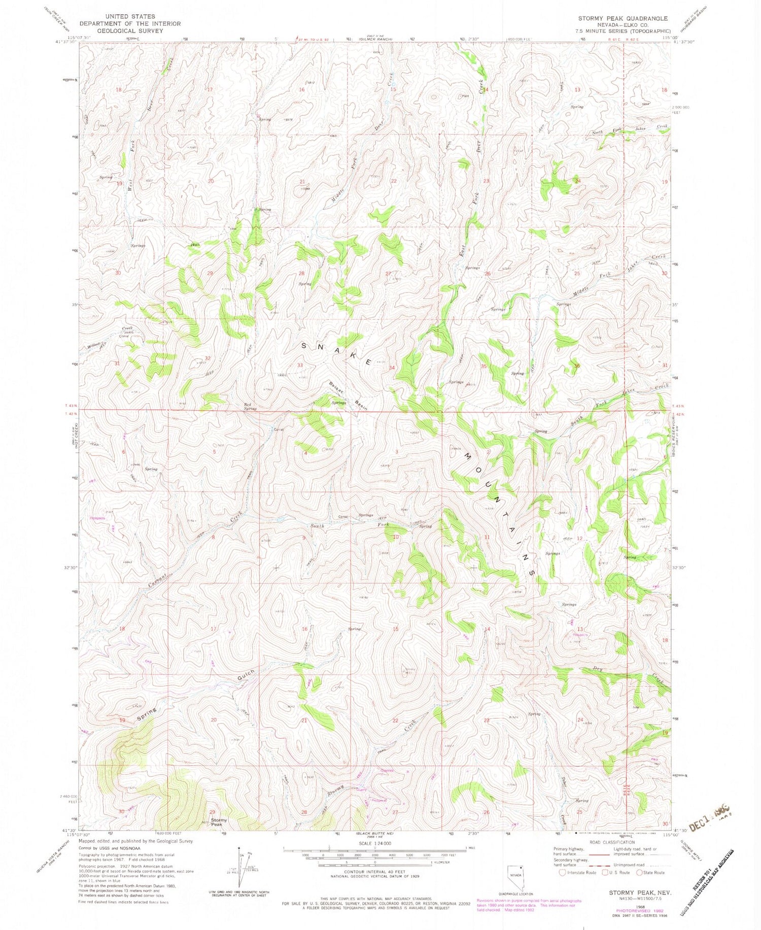 Classic USGS Stormy Peak Nevada 7.5'x7.5' Topo Map Image