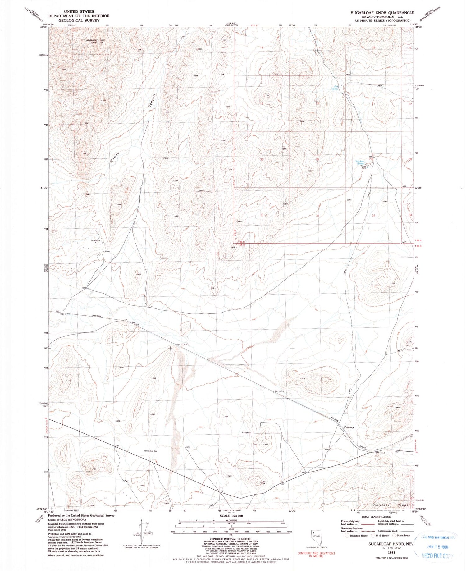 Classic USGS Sugarloaf Knob Nevada 7.5'x7.5' Topo Map Image