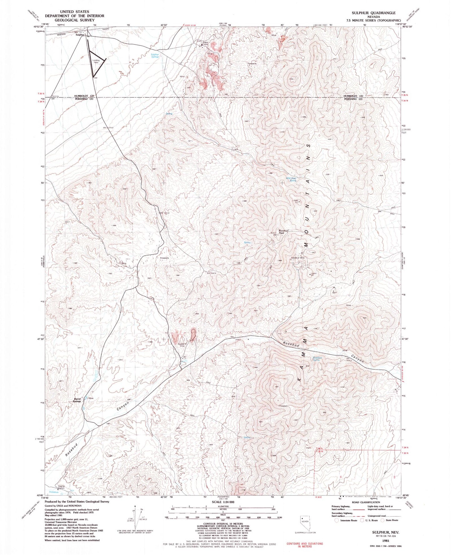 Classic USGS Sulphur Nevada 7.5'x7.5' Topo Map Image