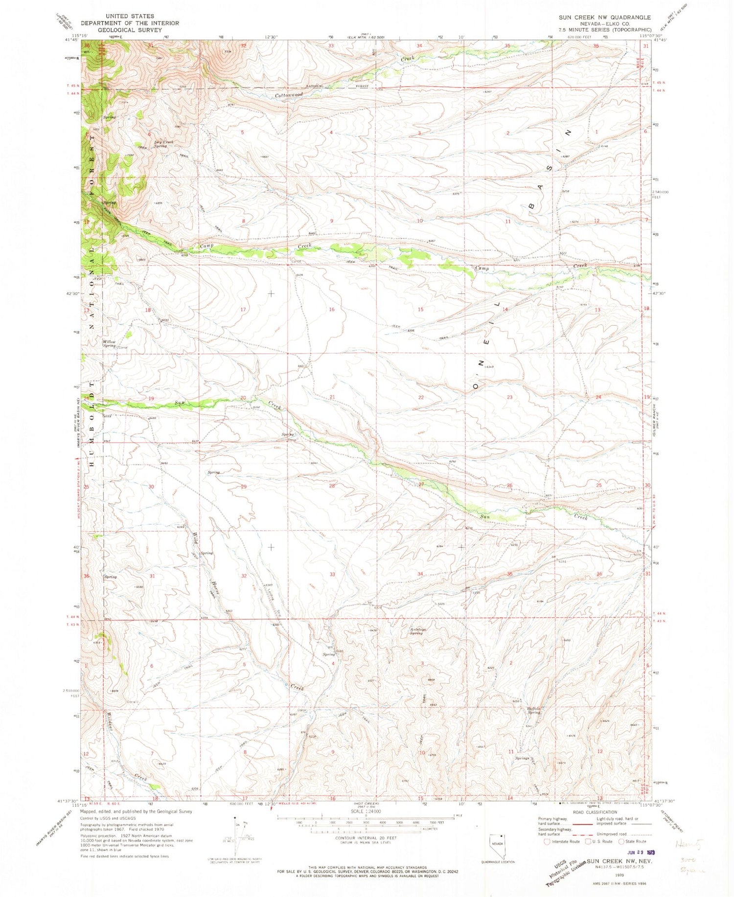 Classic USGS Sun Creek NW Nevada 7.5'x7.5' Topo Map Image