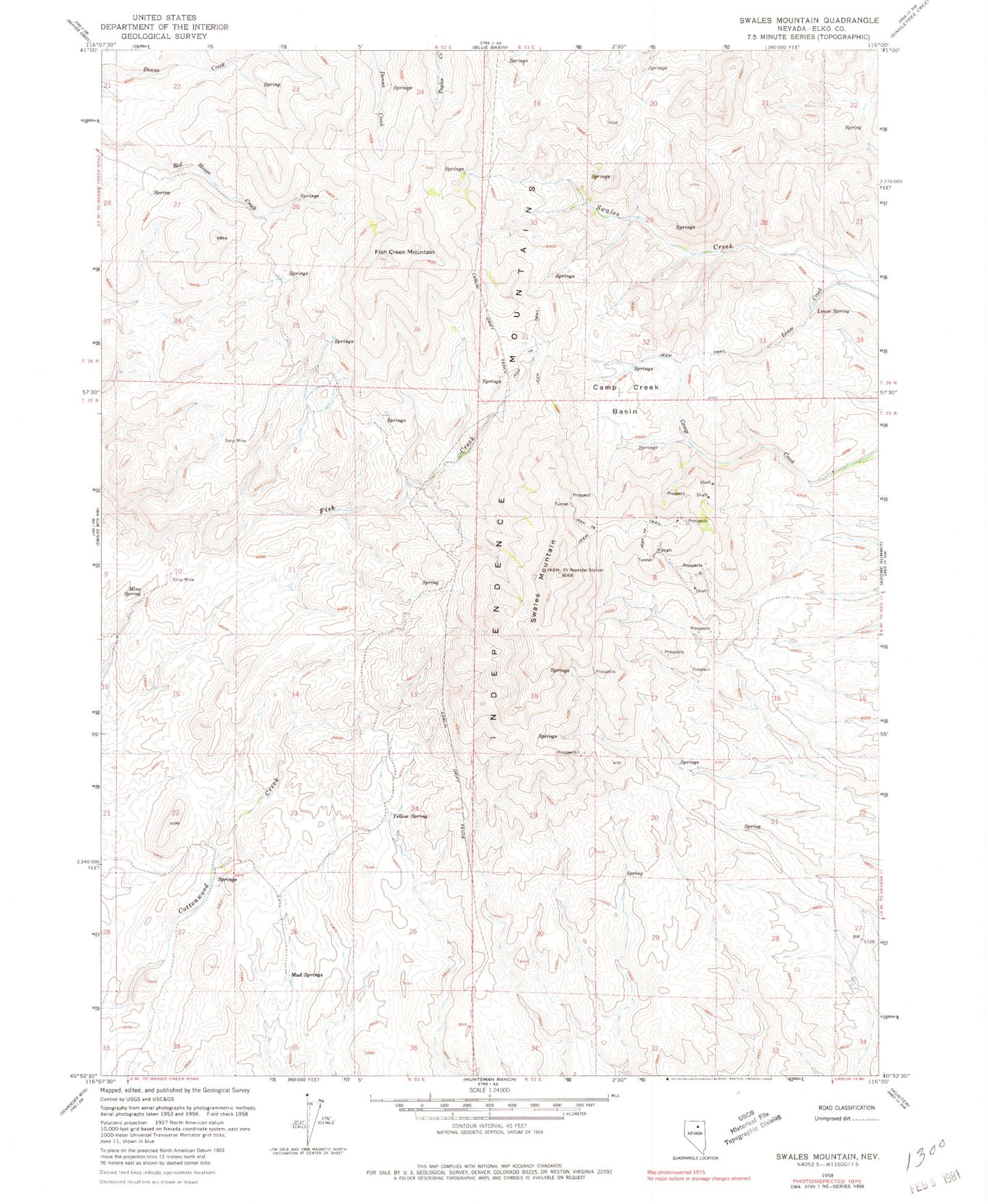Classic USGS Swales Mountain Nevada 7.5'x7.5' Topo Map Image