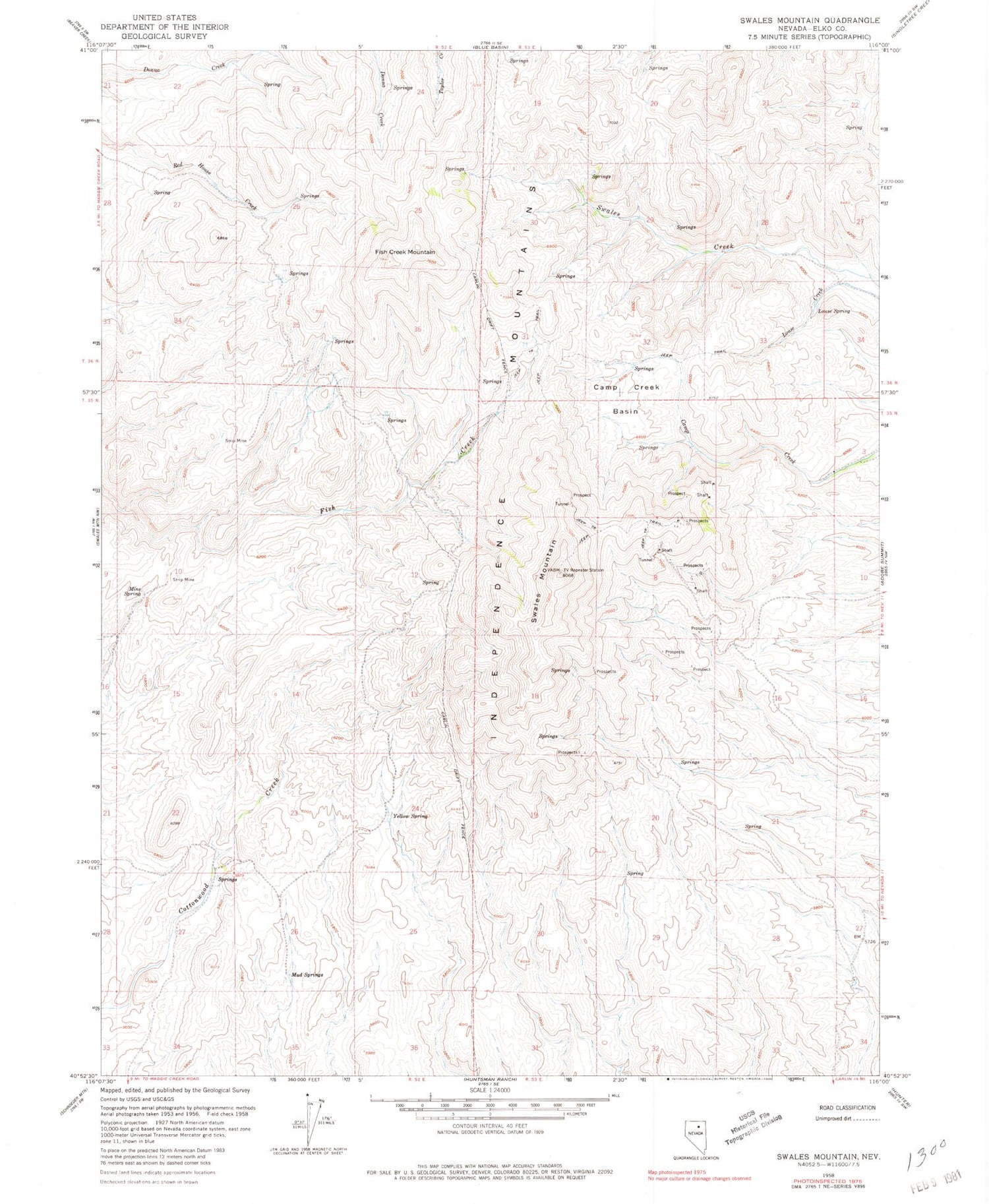 Classic USGS Swales Mountain Nevada 7.5'x7.5' Topo Map Image