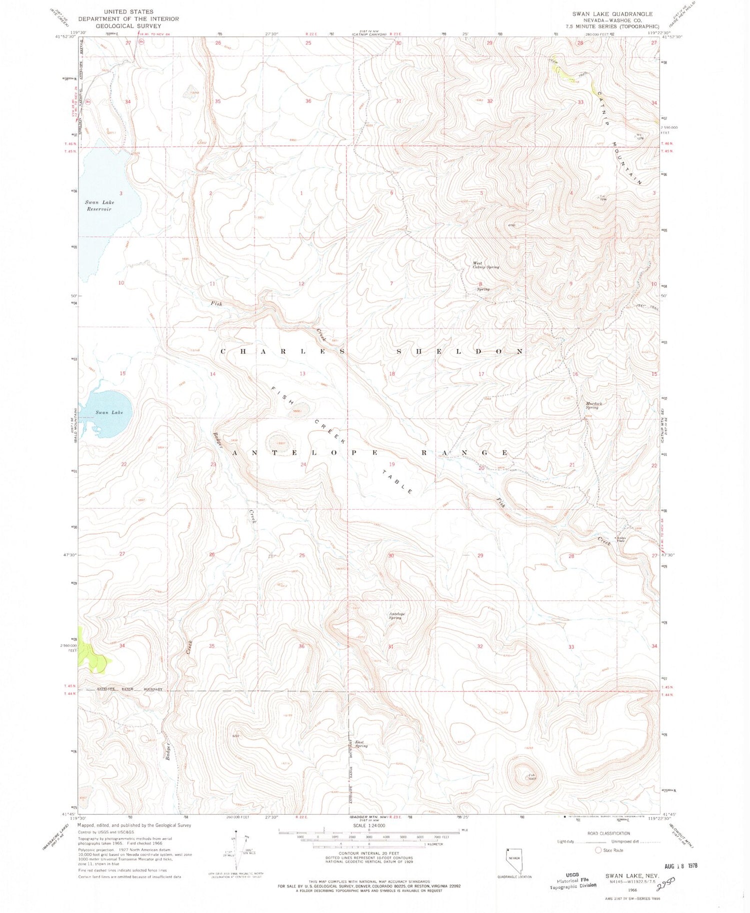 Classic USGS Swan Lake Nevada 7.5'x7.5' Topo Map Image