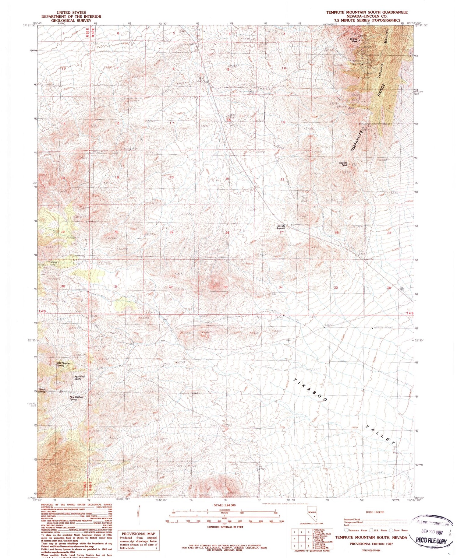 Classic USGS Tempiute Mountain South Nevada 7.5'x7.5' Topo Map Image