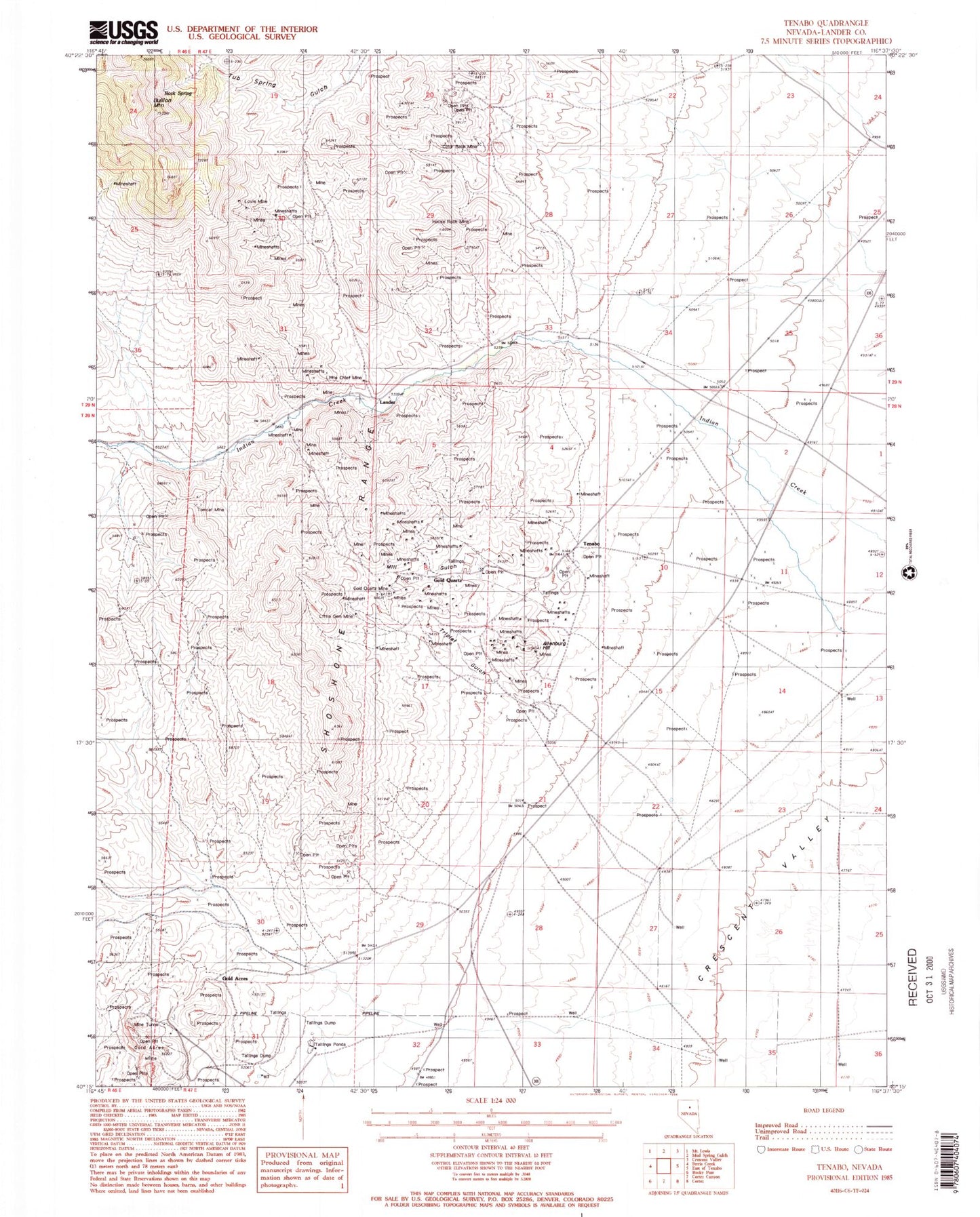 Classic USGS Tenabo Nevada 7.5'x7.5' Topo Map Image