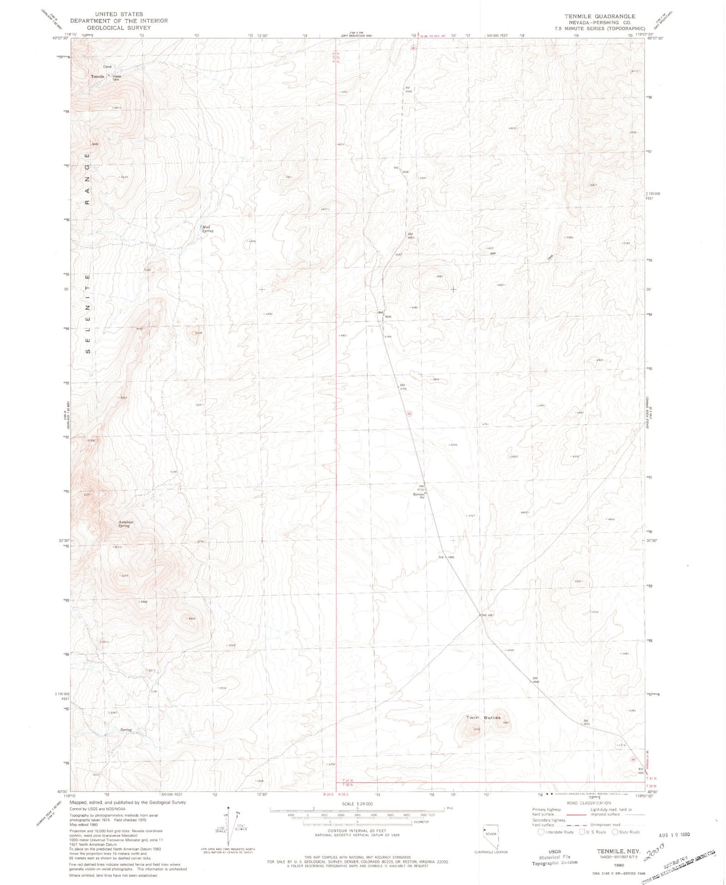 Classic USGS Tenmile Nevada 7.5'x7.5' Topo Map Image