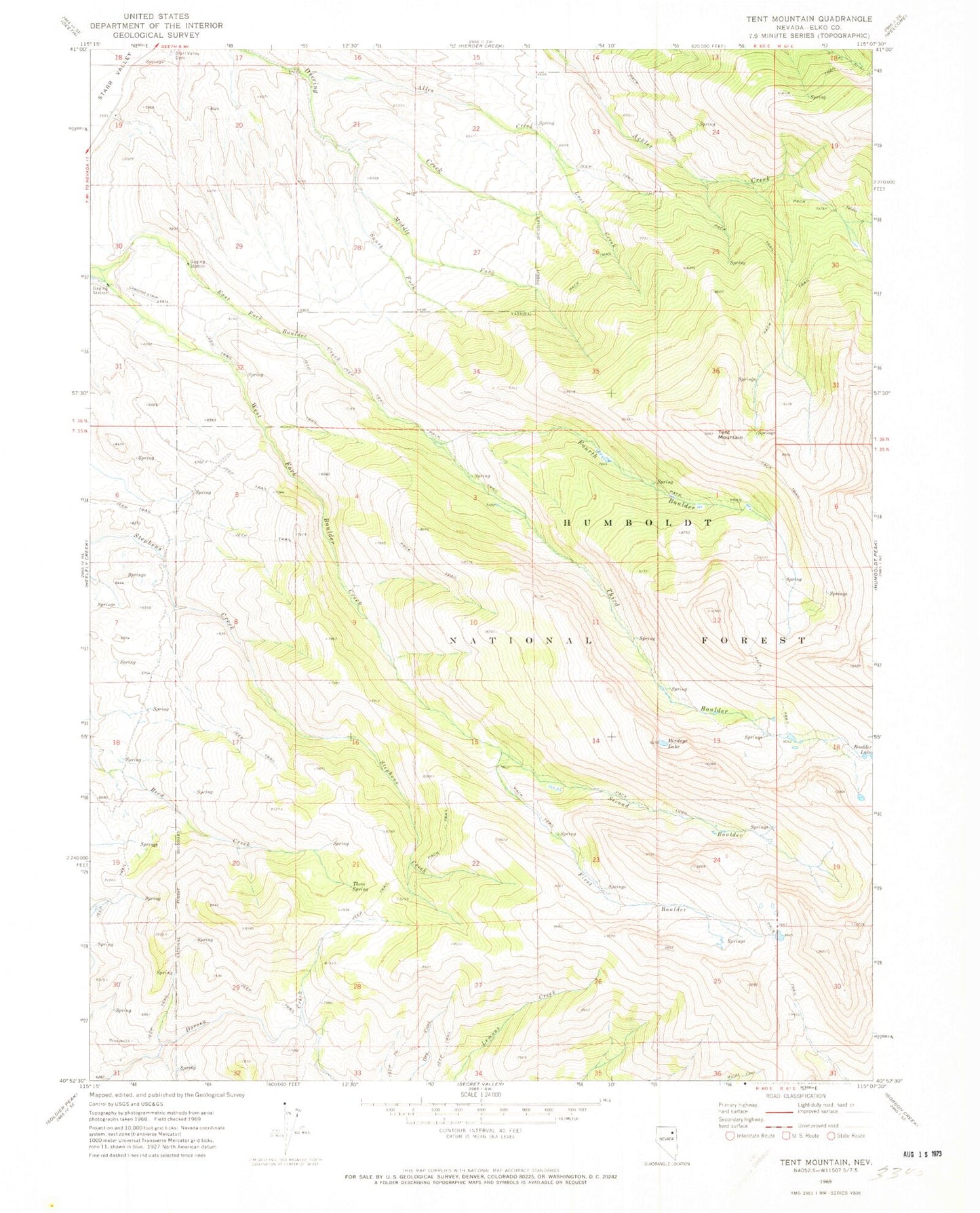 Classic USGS Tent Mountain Nevada 7.5'x7.5' Topo Map Image