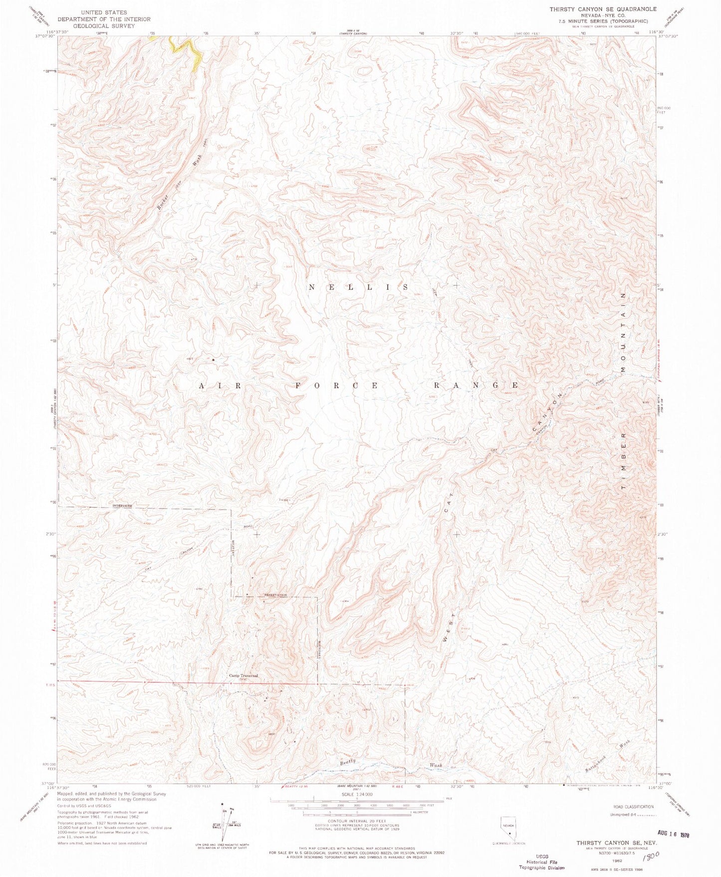 Classic USGS Thirsty Canyon SE Nevada 7.5'x7.5' Topo Map Image