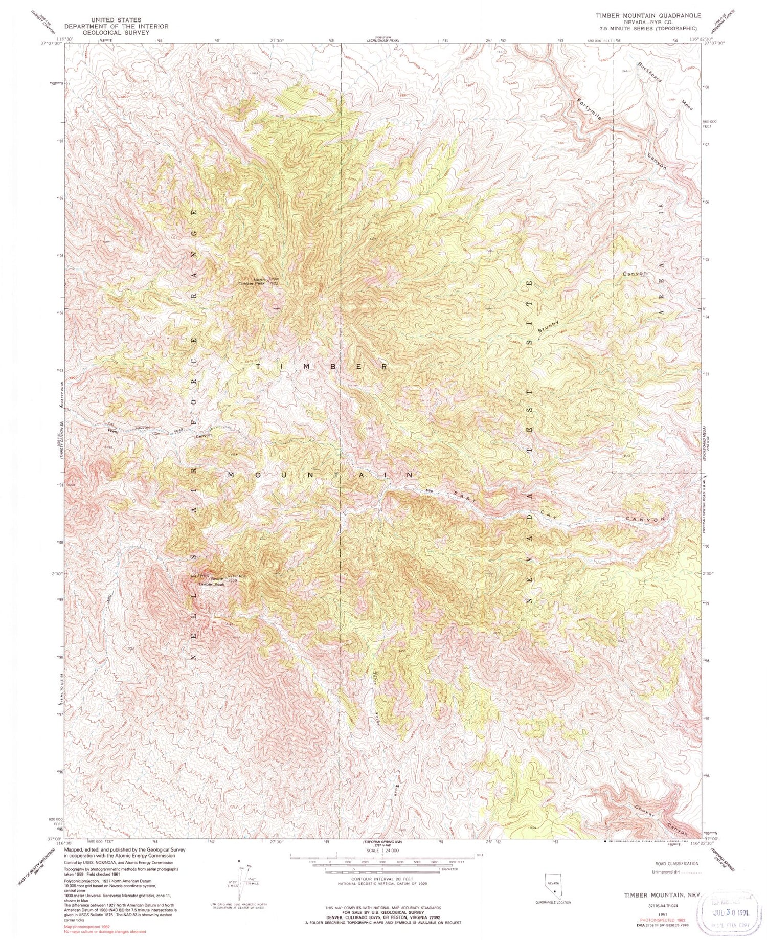 Classic USGS Timber Mountain Nevada 7.5'x7.5' Topo Map Image