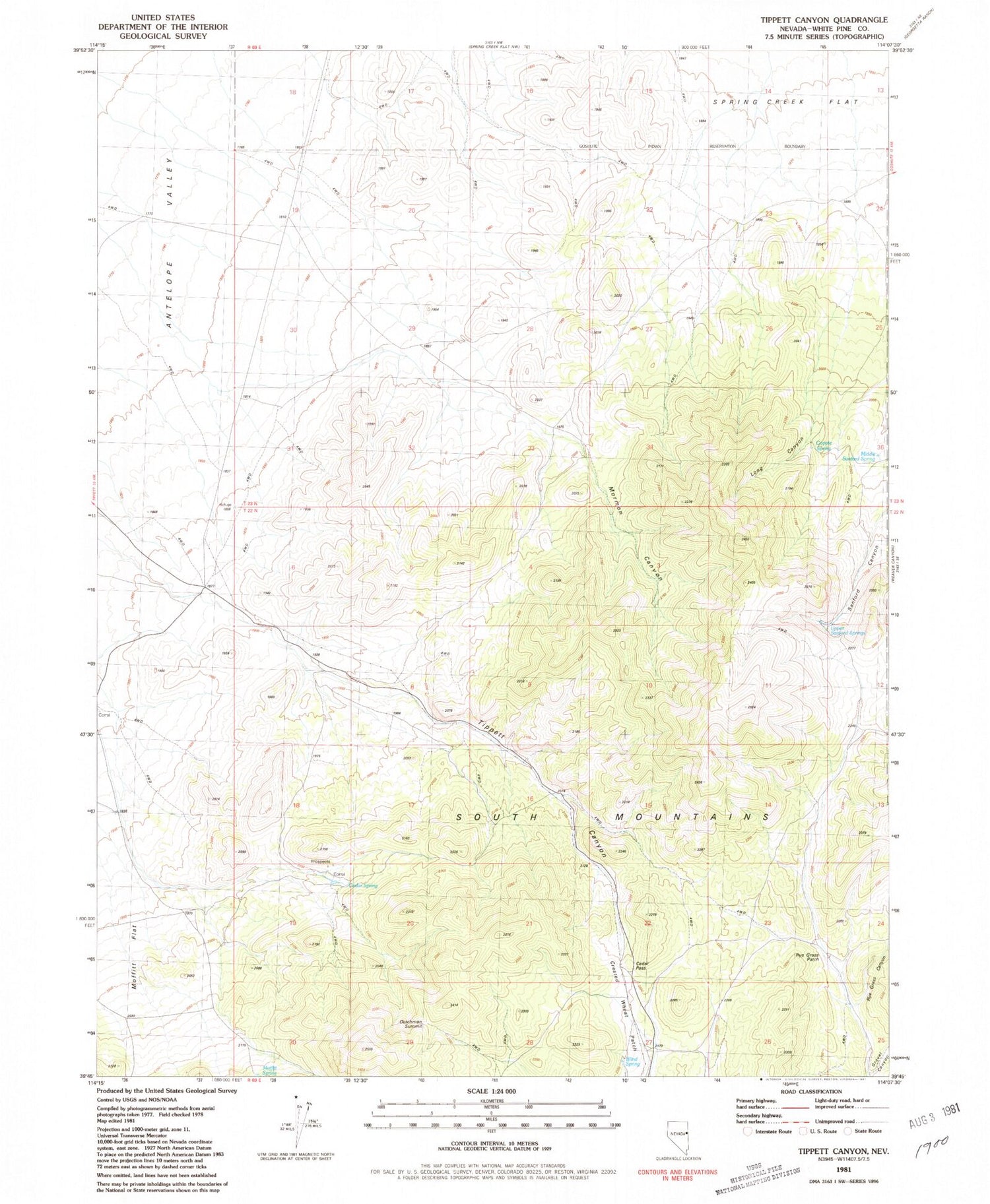 Classic USGS Tippett Canyon Nevada 7.5'x7.5' Topo Map Image