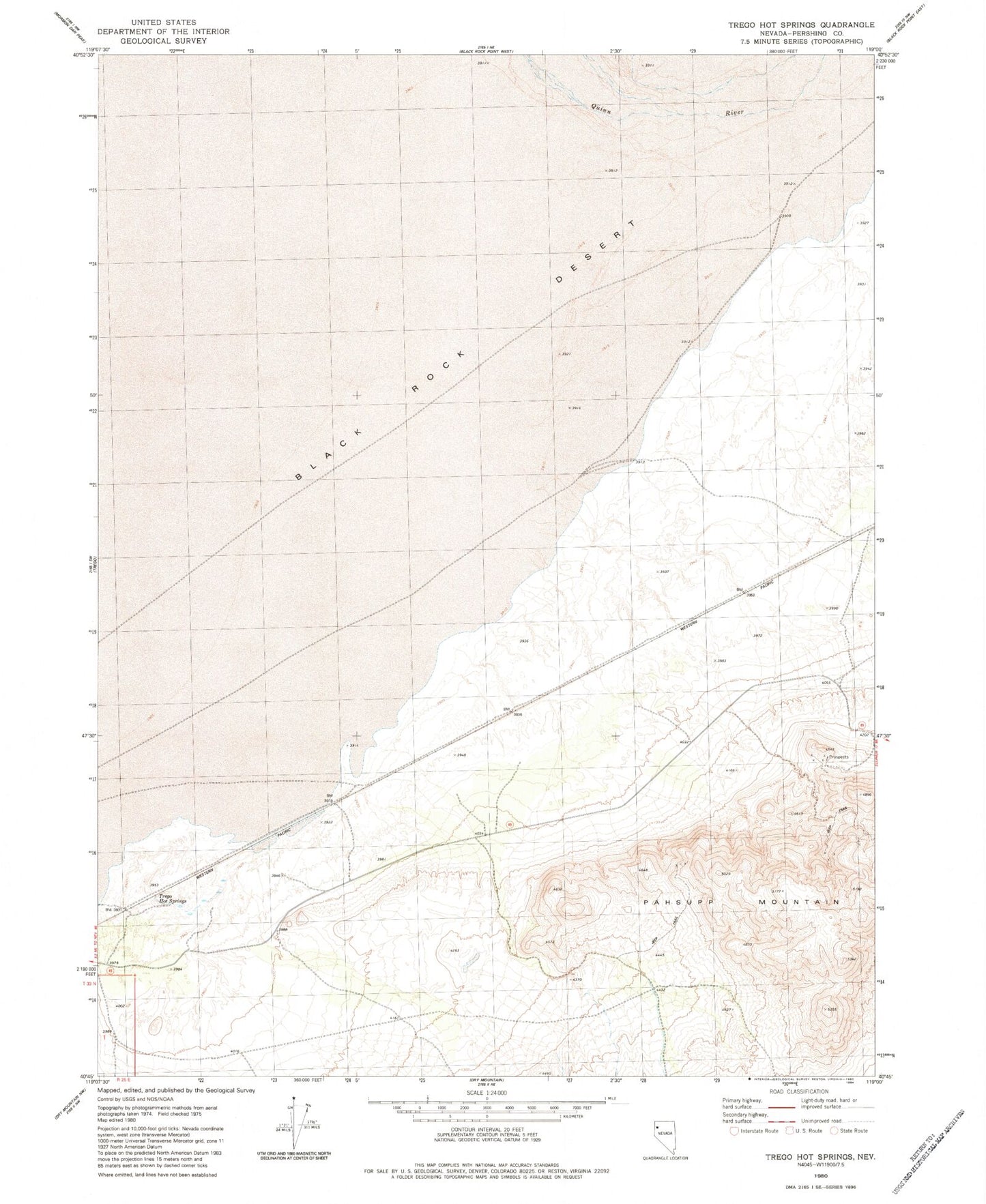 Classic USGS Trego Hot Springs Nevada 7.5'x7.5' Topo Map Image