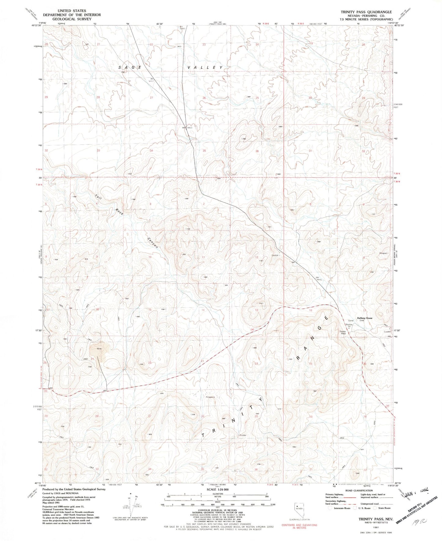 Classic USGS Trinity Pass Nevada 7.5'x7.5' Topo Map Image