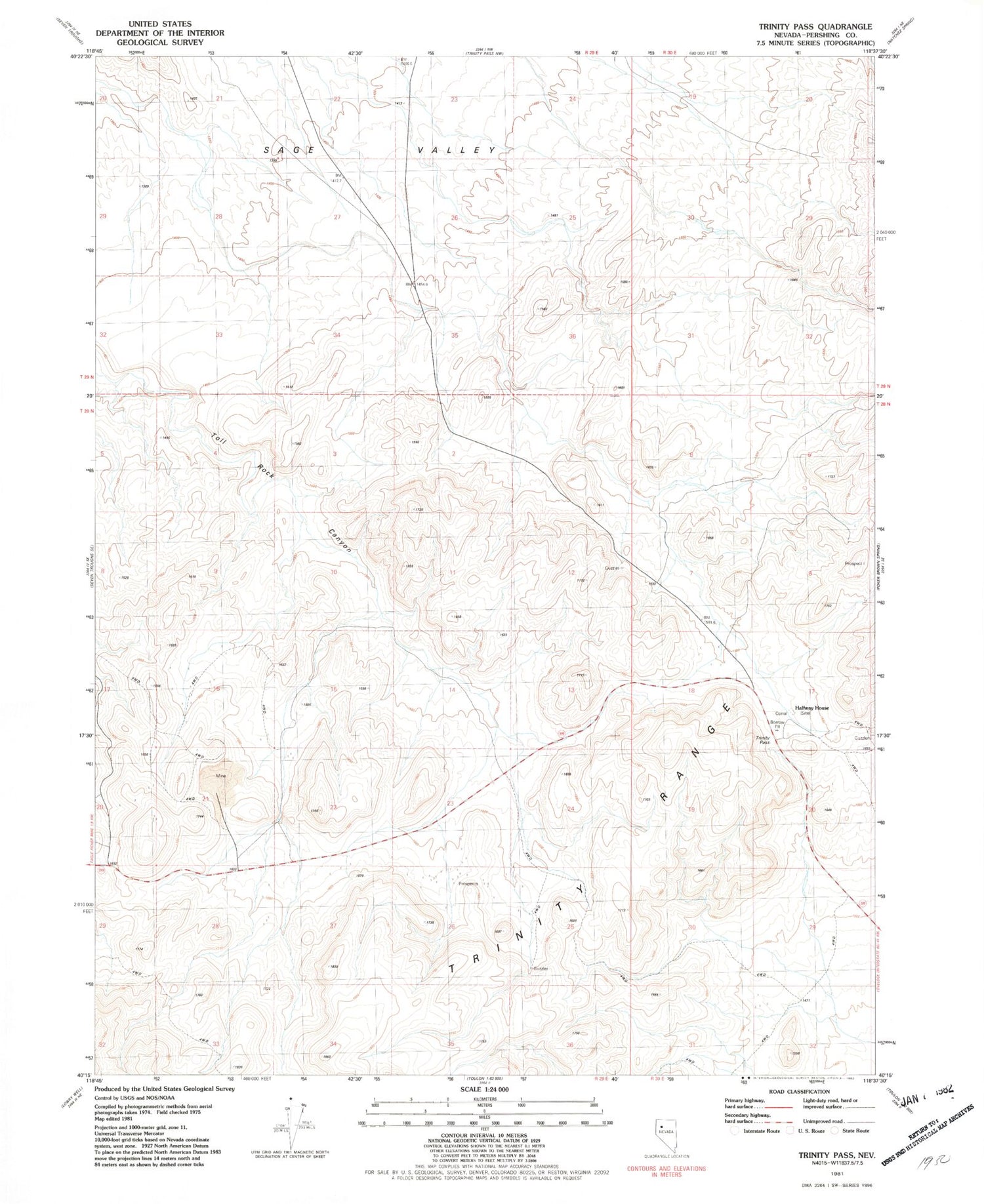 Classic USGS Trinity Pass Nevada 7.5'x7.5' Topo Map Image