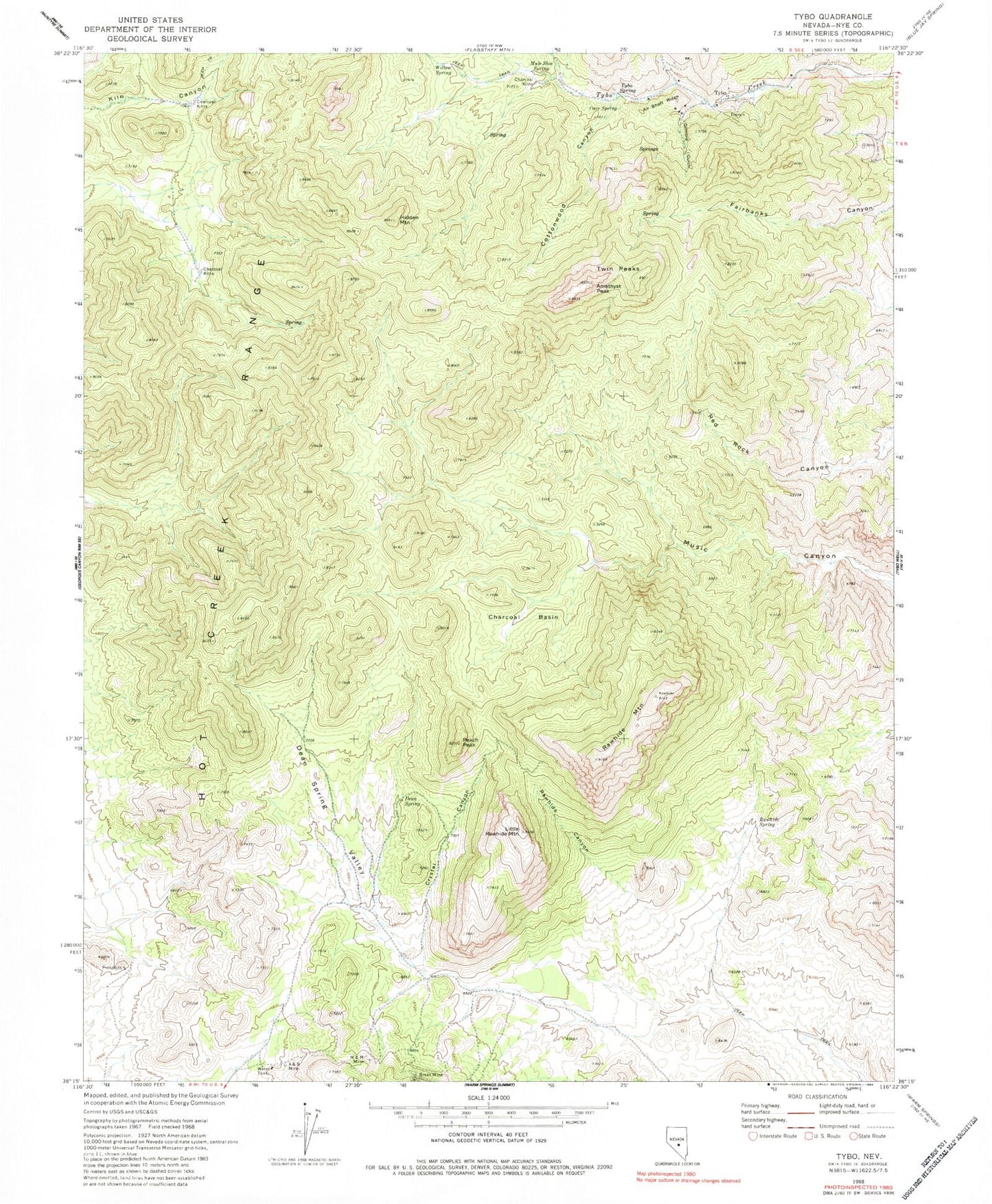 Classic USGS Tybo Nevada 7.5'x7.5' Topo Map Image