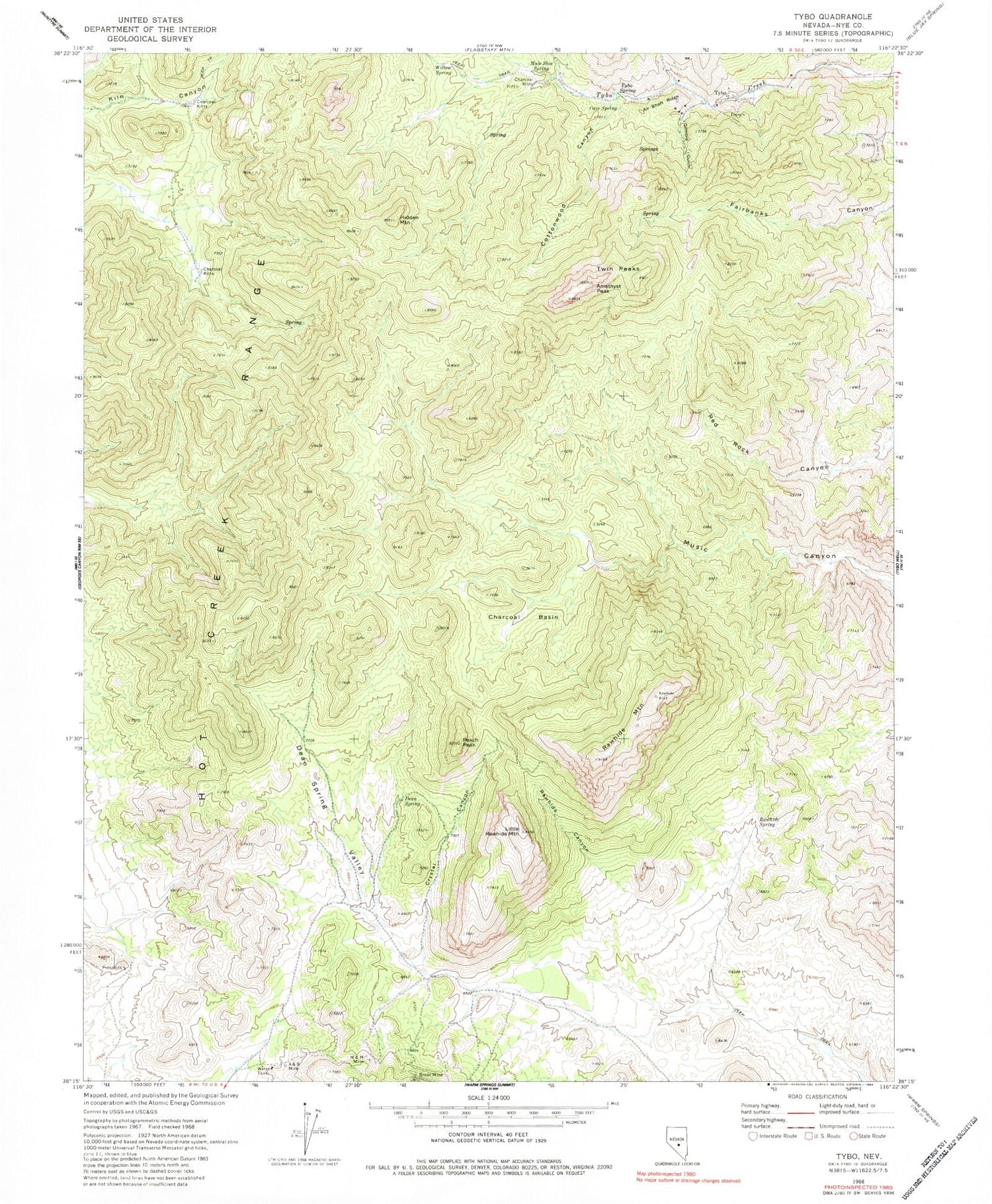 Classic USGS Tybo Nevada 7.5'x7.5' Topo Map Image
