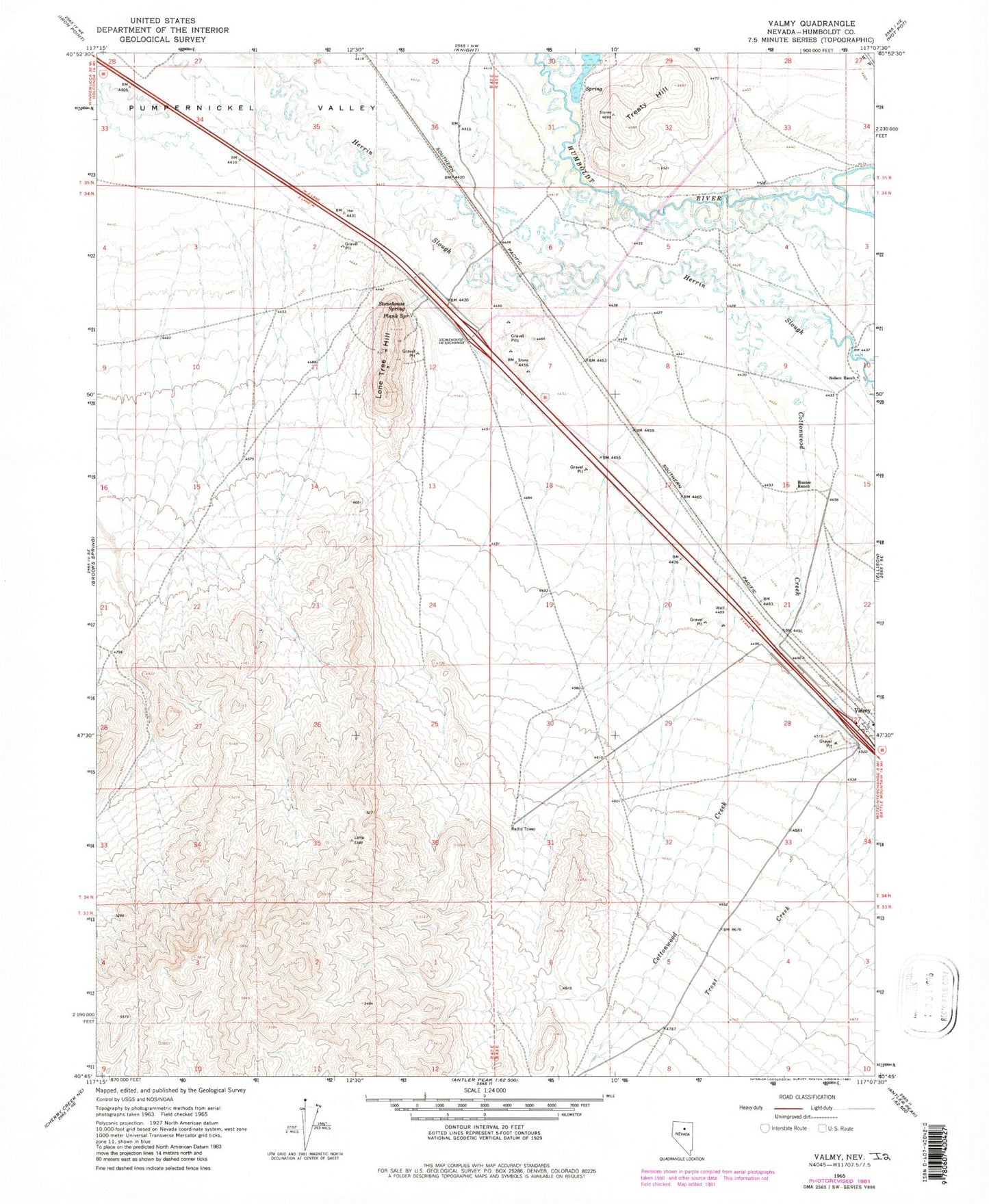 Classic USGS Valmy Nevada 7.5'x7.5' Topo Map Image