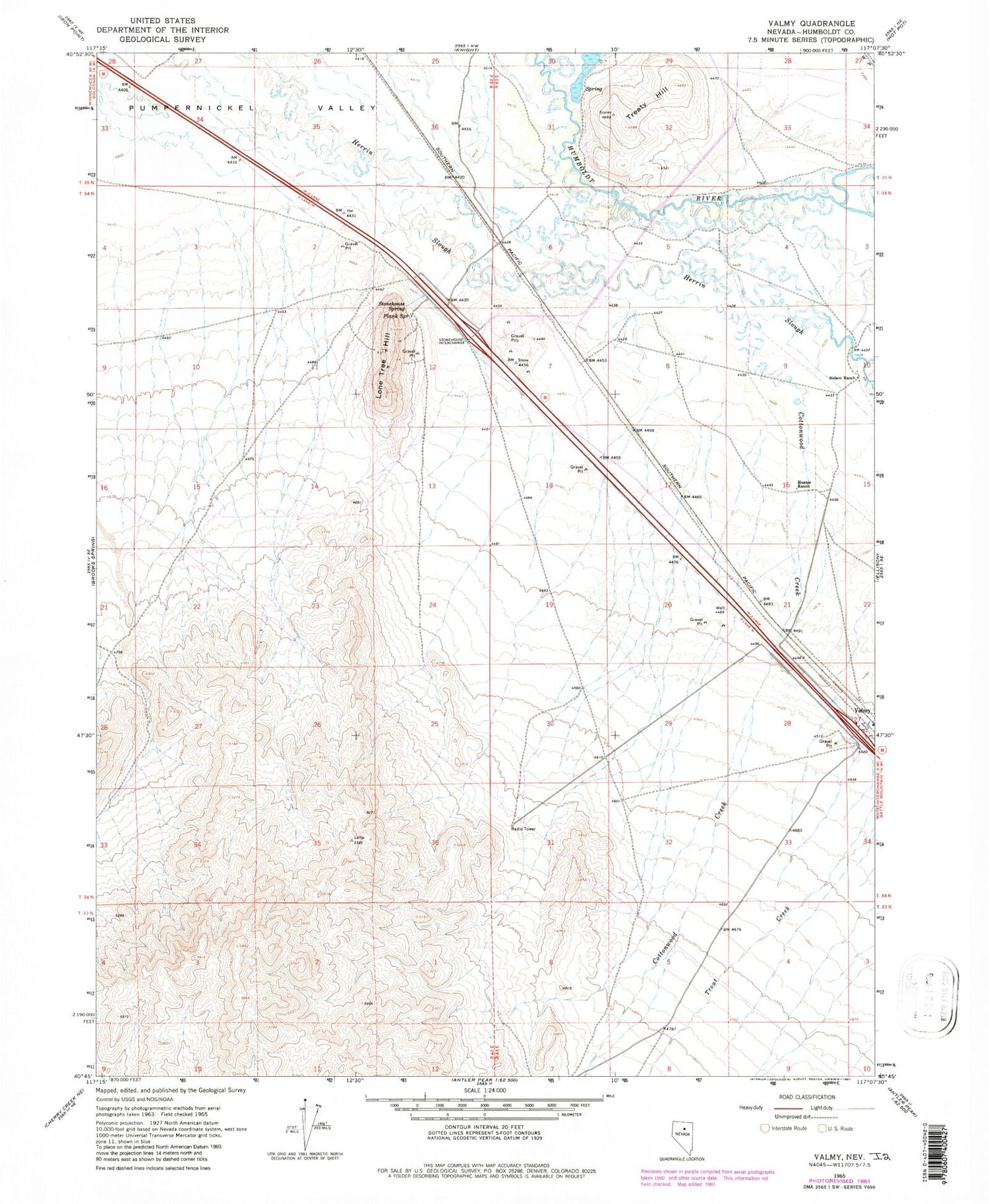 Classic USGS Valmy Nevada 7.5'x7.5' Topo Map Image
