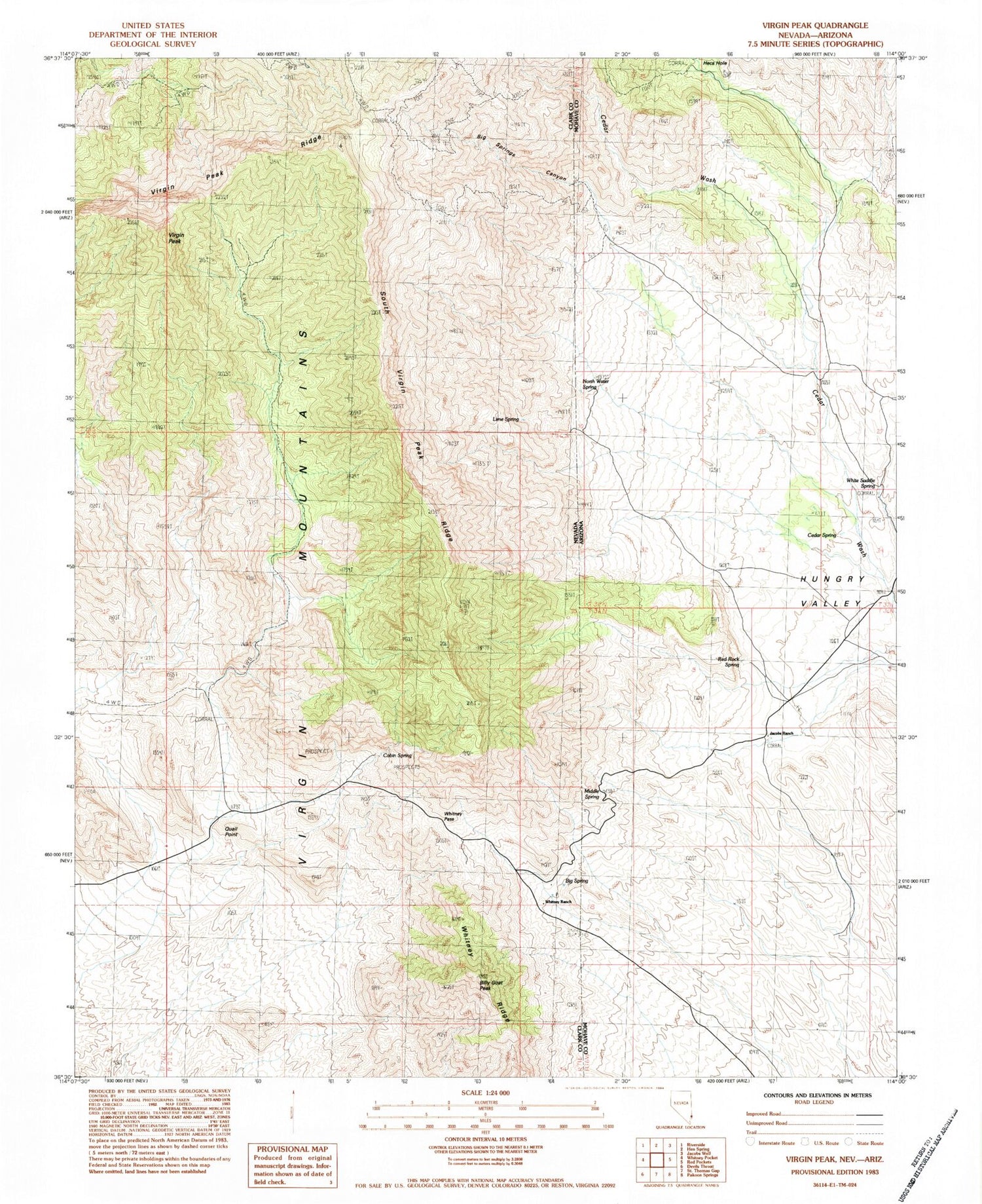 Classic USGS Virgin Peak Nevada 7.5'x7.5' Topo Map Image