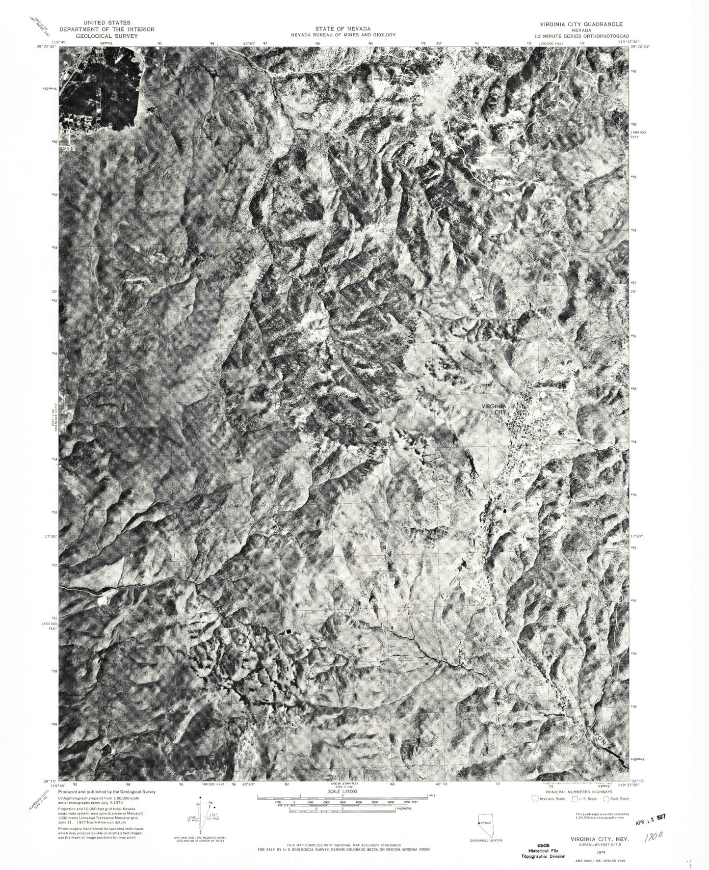 Classic USGS Virginia City Nevada 7.5'x7.5' Topo Map Image
