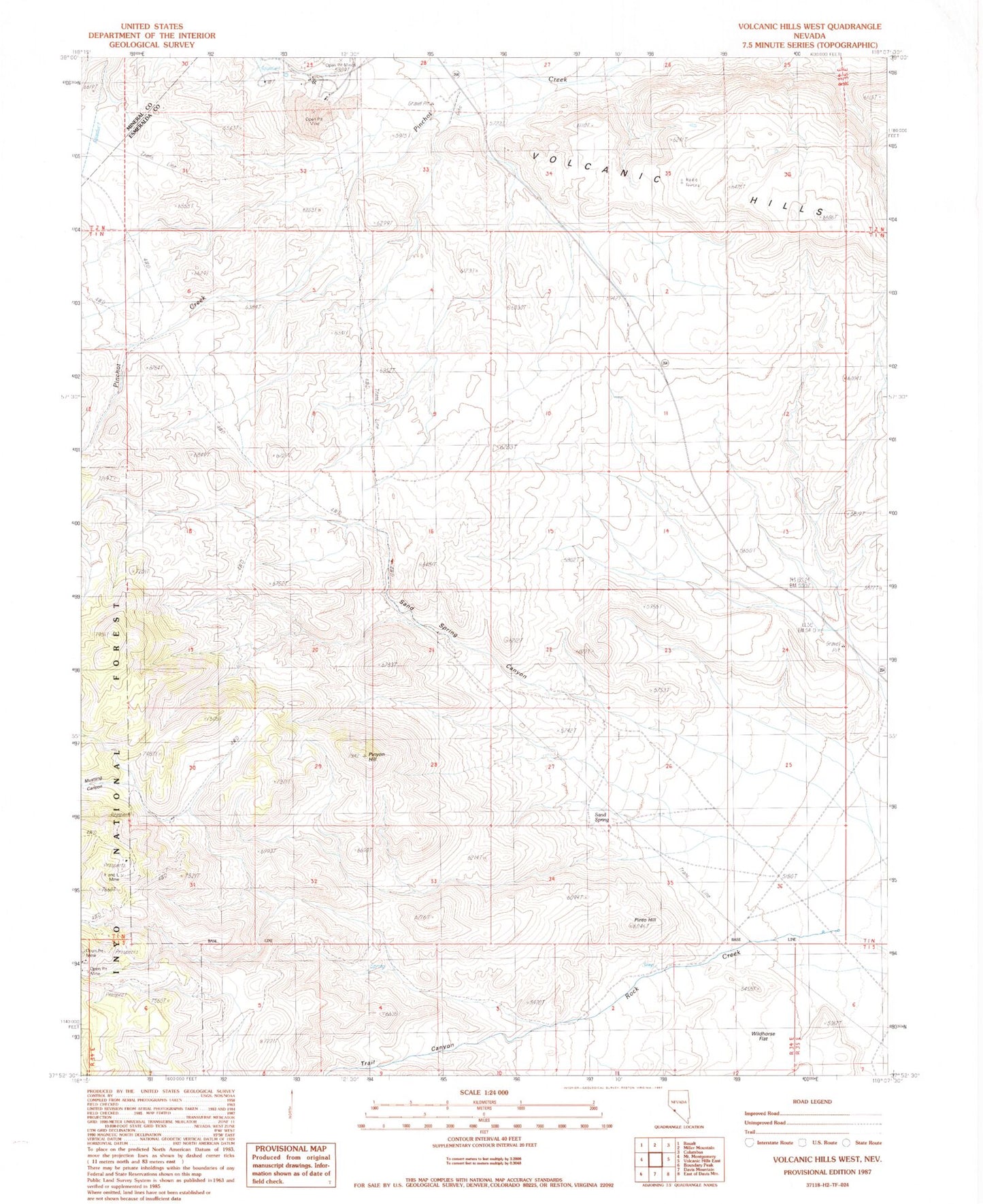 Classic USGS Volcanic Hills West Nevada 7.5'x7.5' Topo Map Image