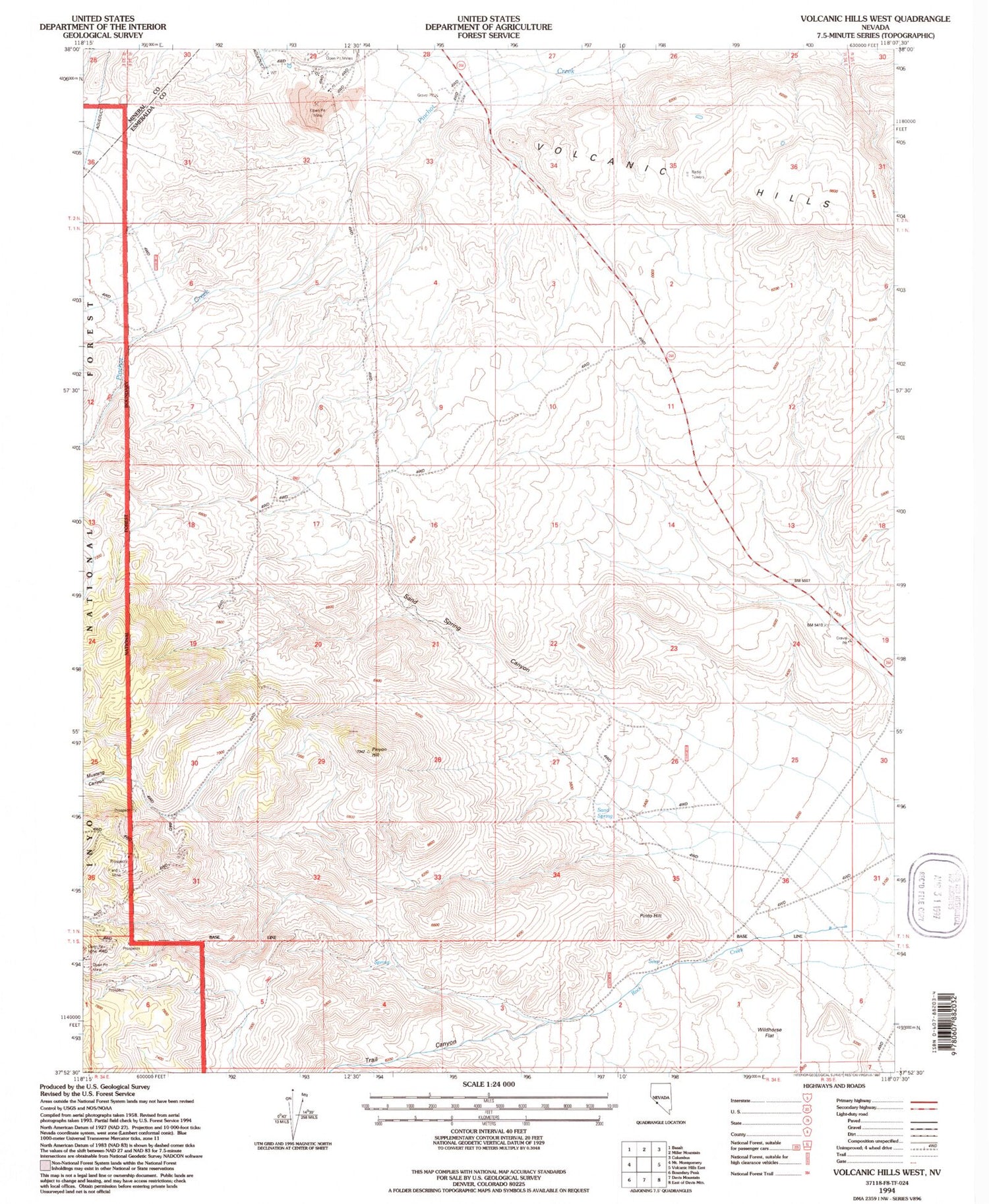 Classic USGS Volcanic Hills West Nevada 7.5'x7.5' Topo Map Image