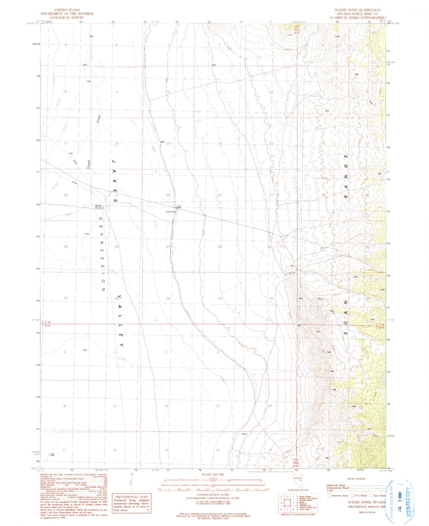 Classic USGS Waldy Pond Nevada 7.5'x7.5' Topo Map Image