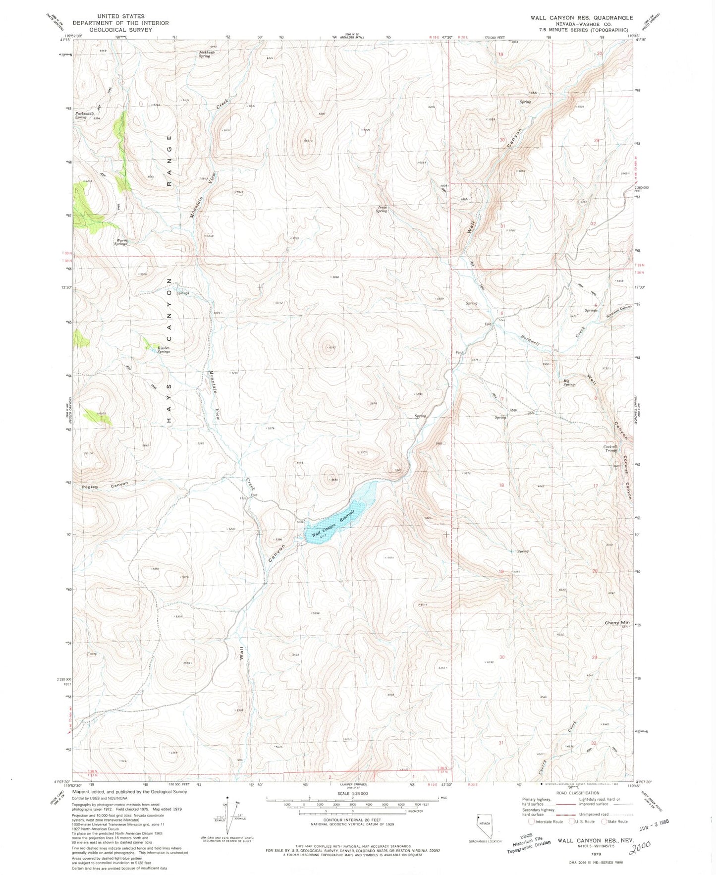 Classic USGS Wall Canyon Reservoir Nevada 7.5'x7.5' Topo Map Image