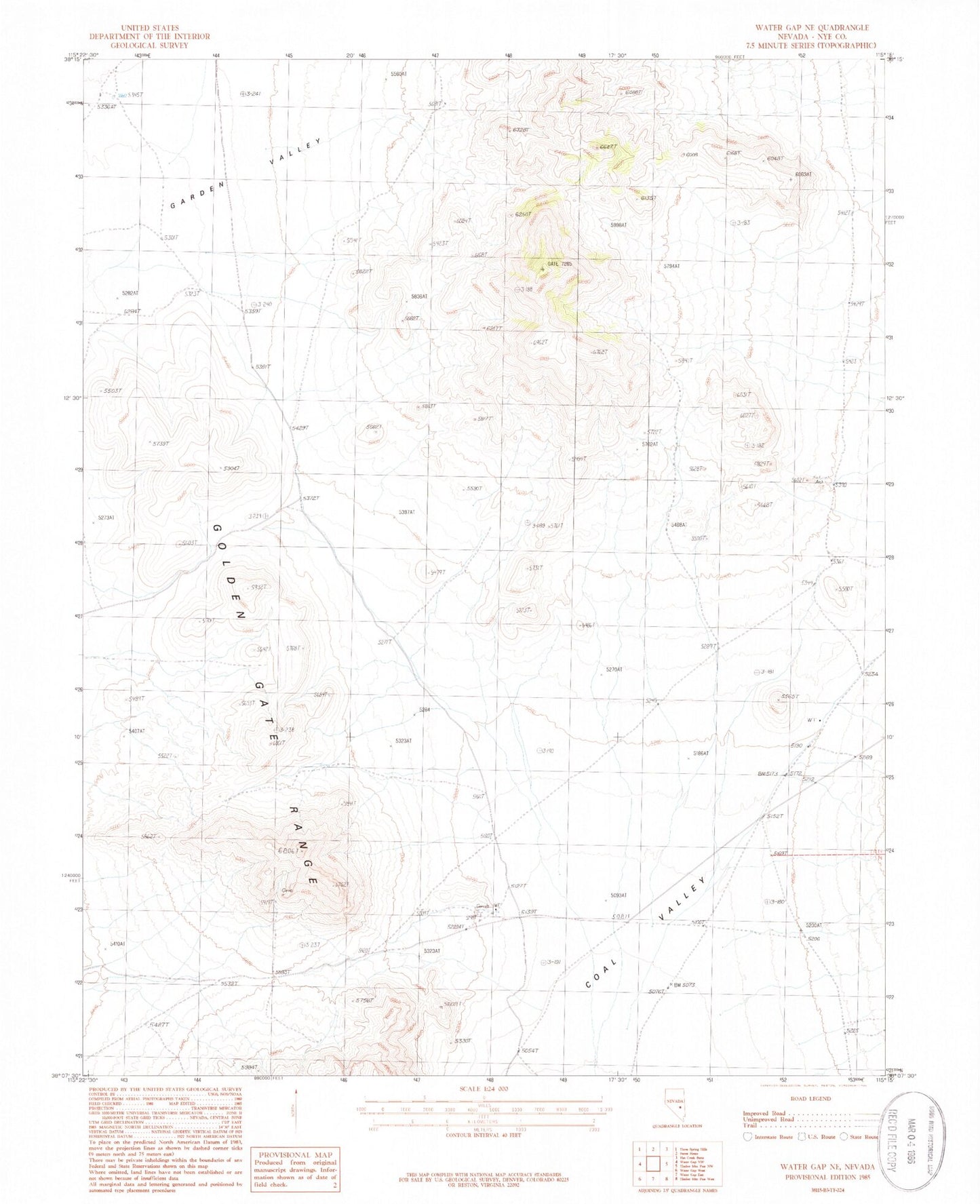 Classic USGS Water Gap NE Nevada 7.5'x7.5' Topo Map Image