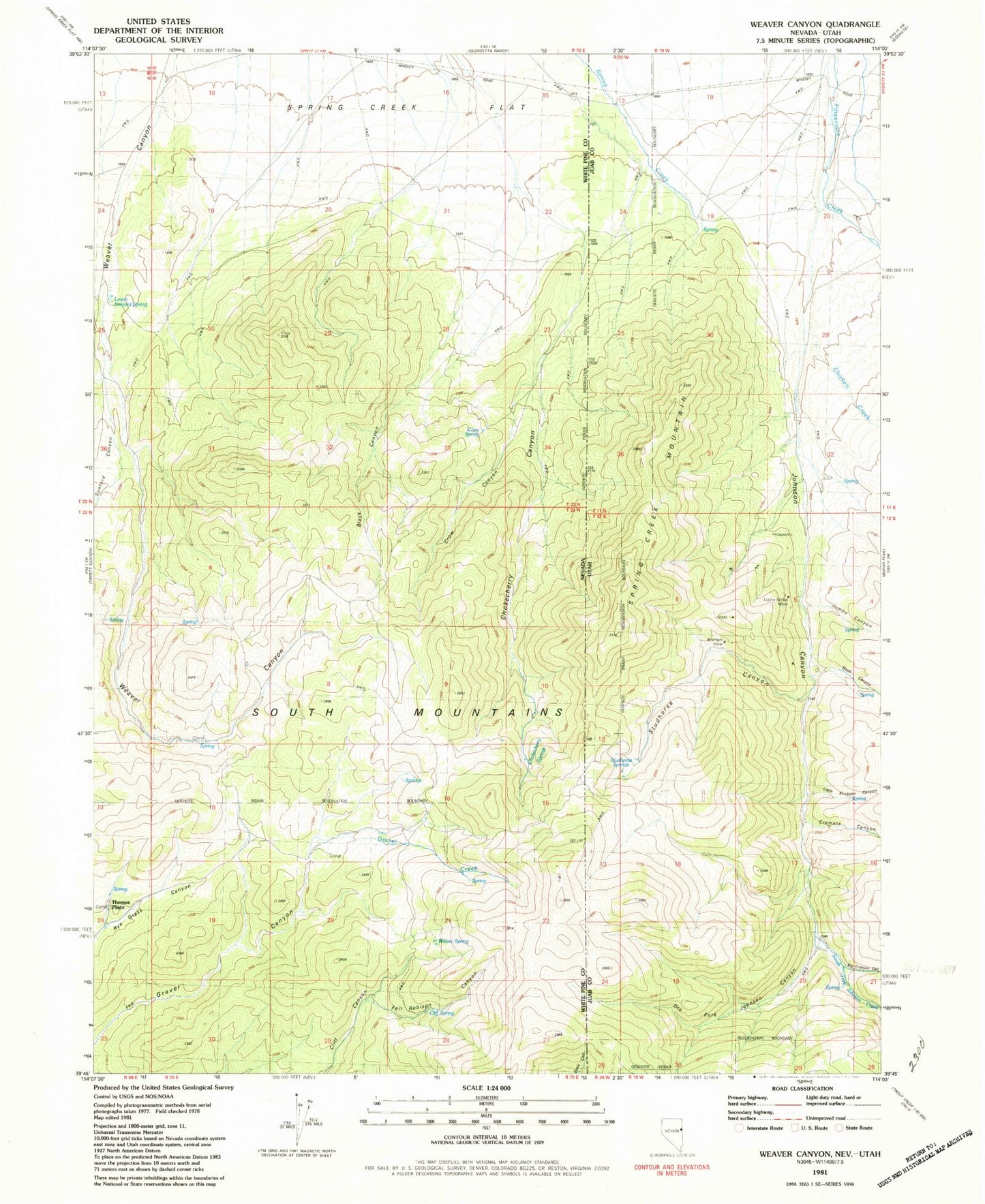 Classic USGS Weaver Canyon Nevada 7.5'x7.5' Topo Map Image