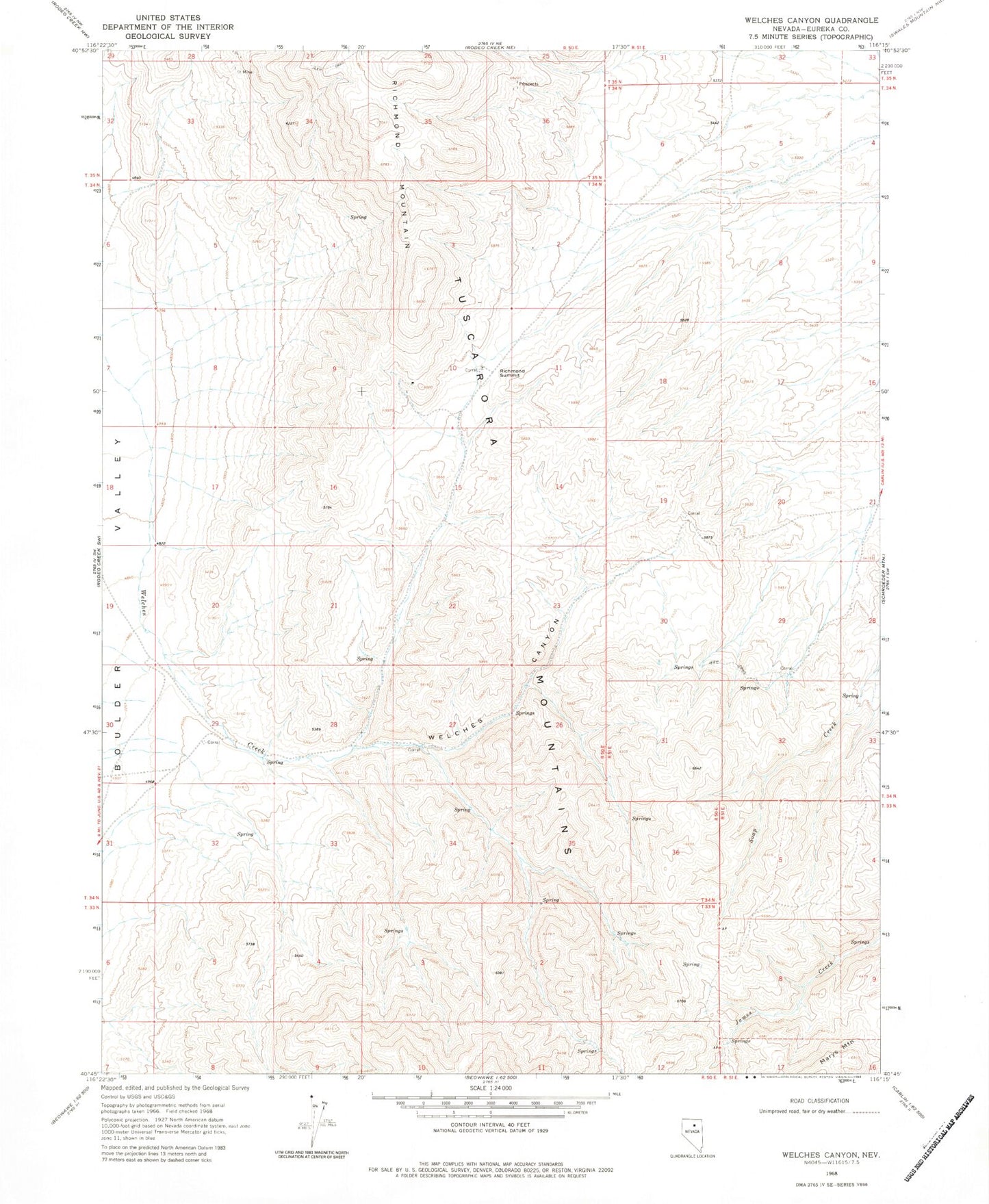 Classic USGS Welches Canyon Nevada 7.5'x7.5' Topo Map Image