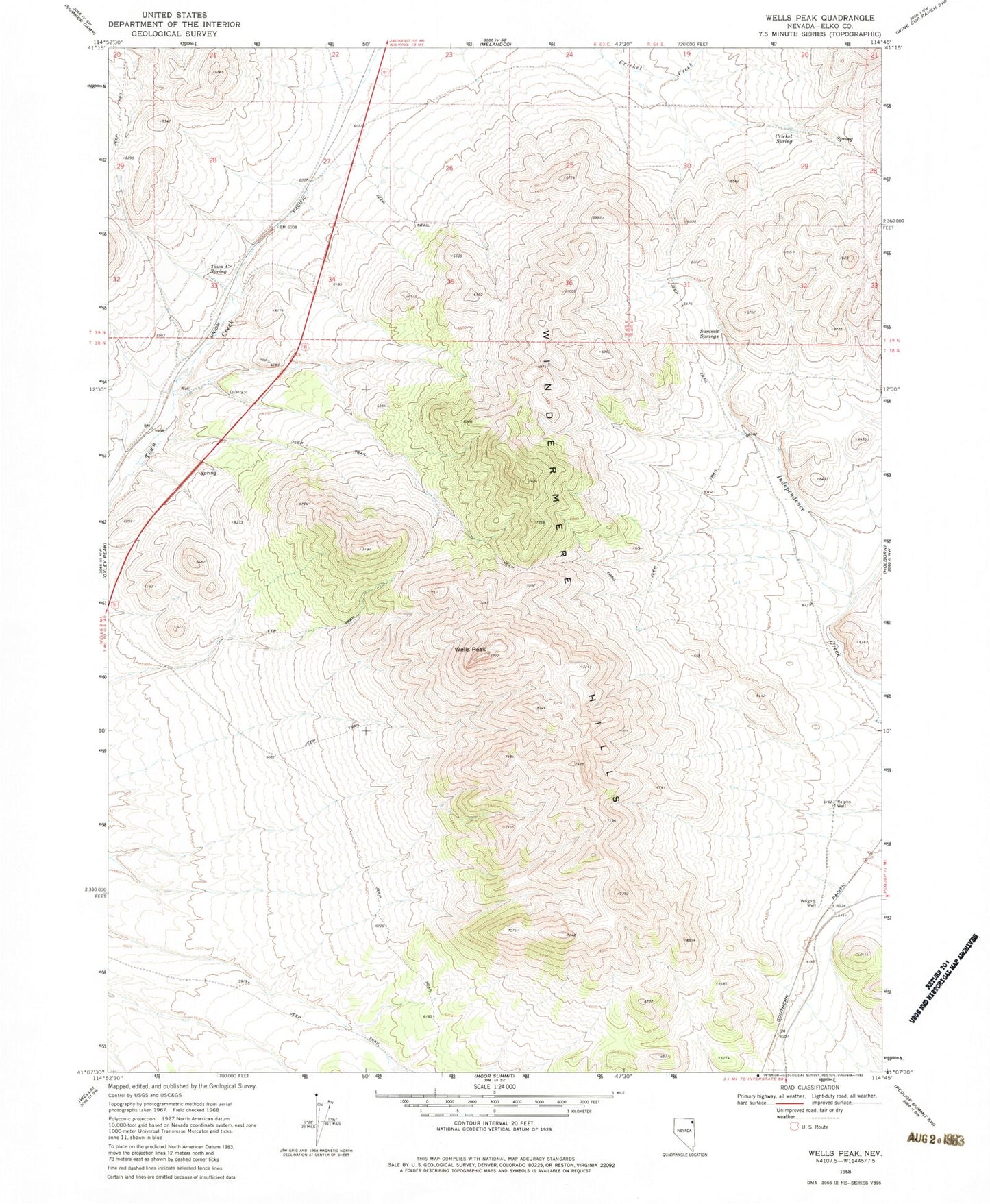 Classic USGS Wells Peak Nevada 7.5'x7.5' Topo Map Image