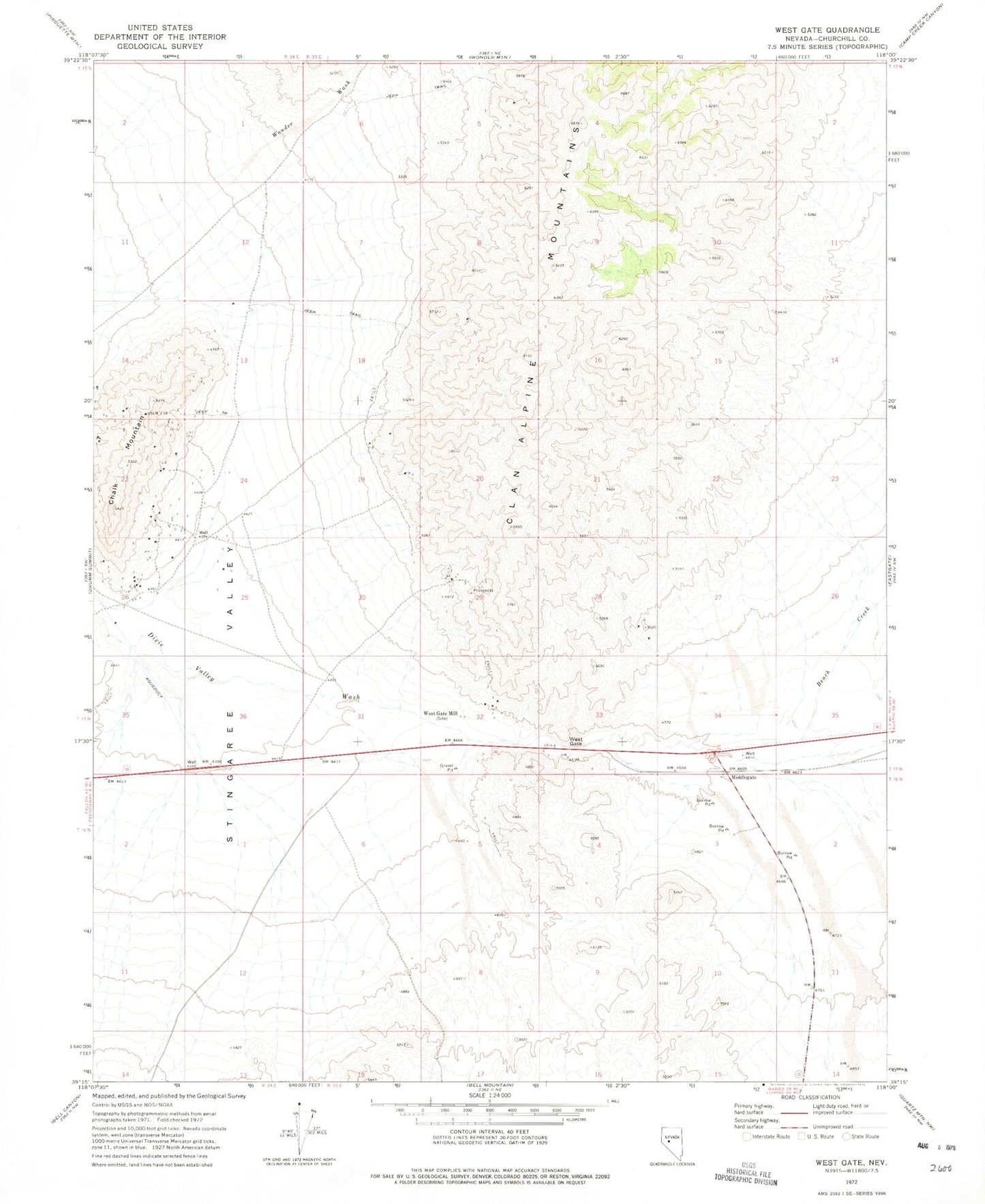 Classic USGS West Gate Nevada 7.5'x7.5' Topo Map Image