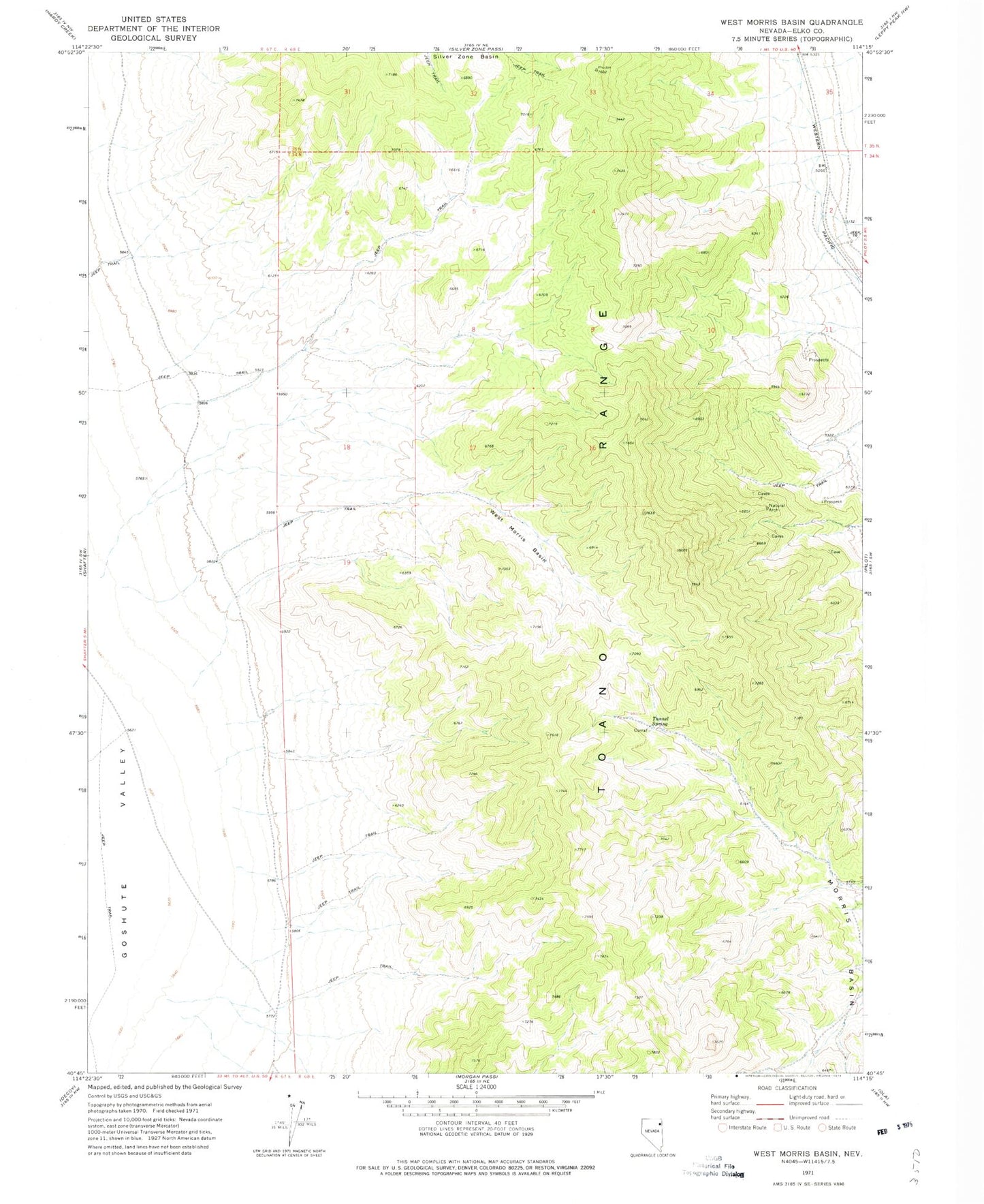 Classic USGS West Morris Basin Nevada 7.5'x7.5' Topo Map Image