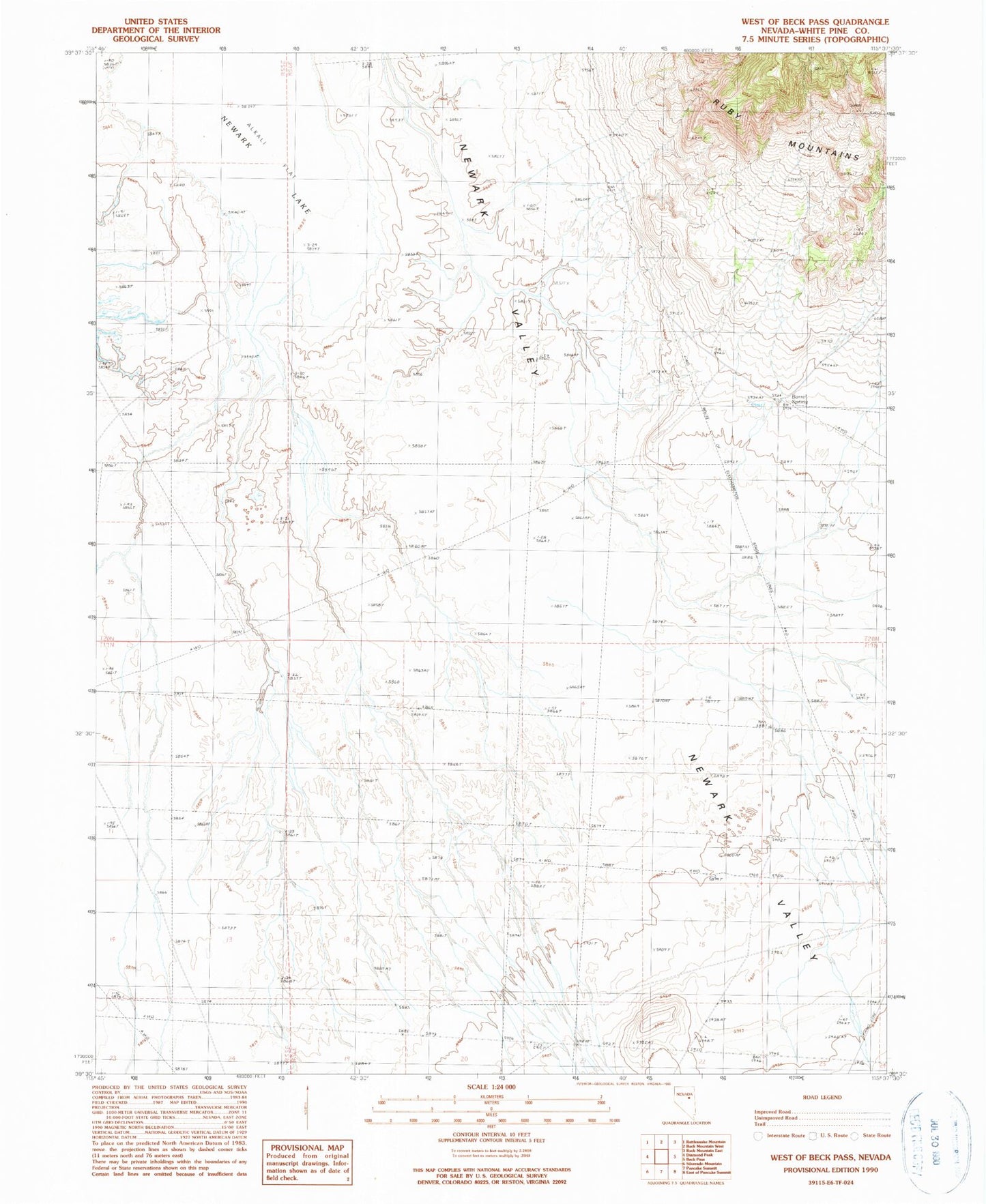 Classic USGS West of Beck Pass Nevada 7.5'x7.5' Topo Map Image