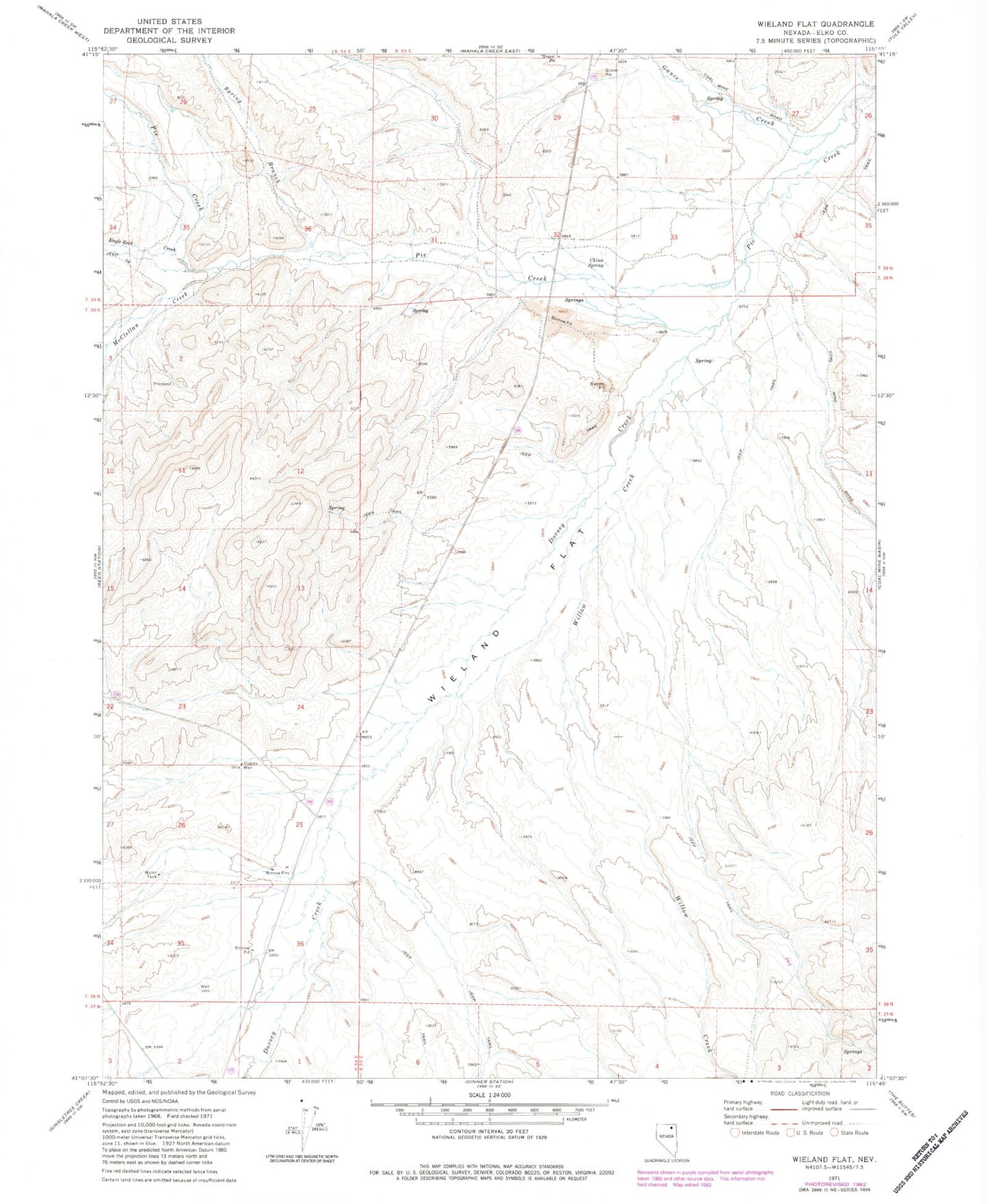 Classic USGS Wieland Flat Nevada 7.5'x7.5' Topo Map Image